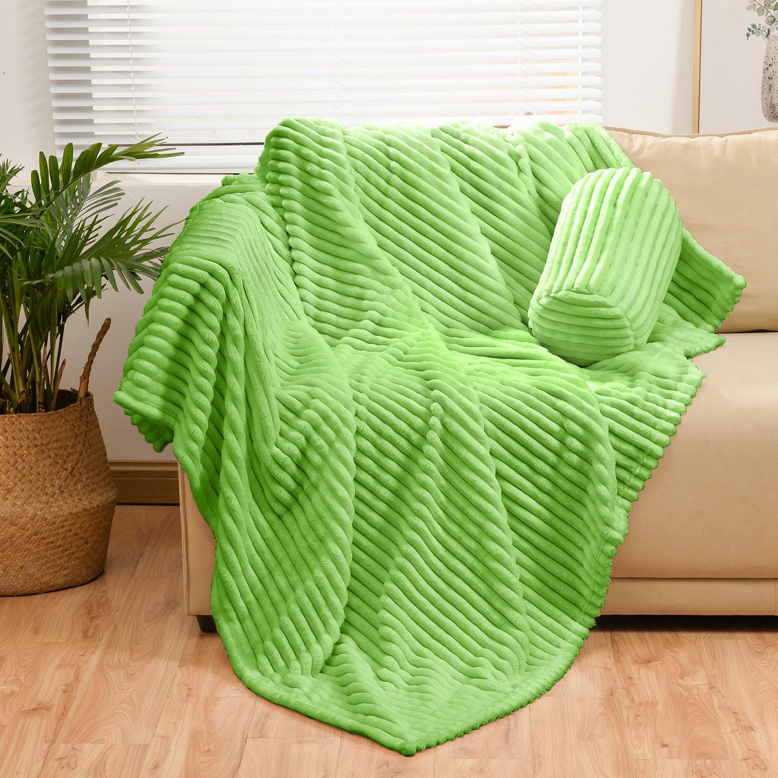 Bnuitland Light Green Flannel Throw With Storage Pouch,300Gsm Super Soft Fleece Stripe Pattern Sofa Blanket For Adults And Kids,
