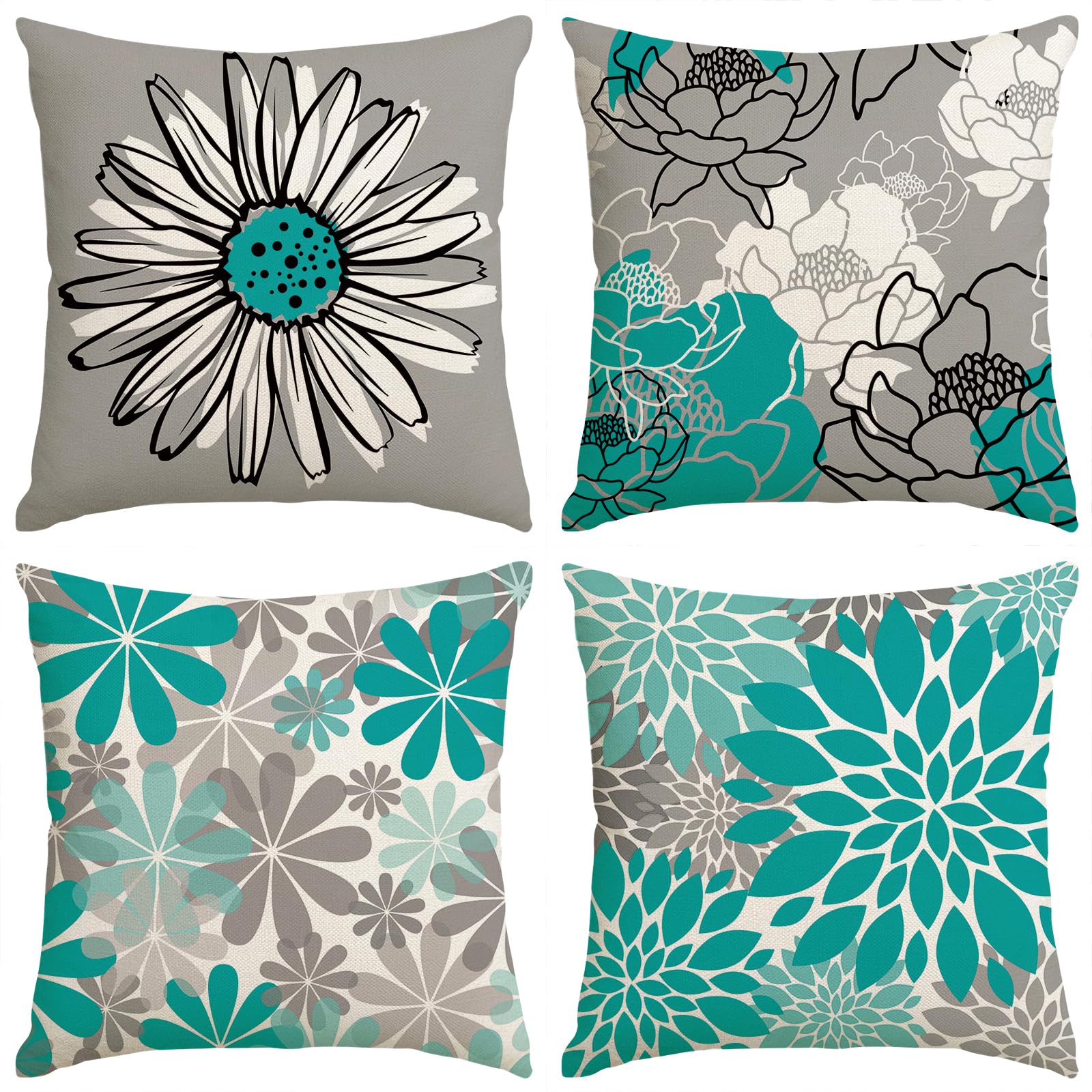 Teal Decorative Throw Pillow Covers 18X18 Turquoise And Grey Modern Daisy Floral Pillow Covers For Living Room Farmhouse Set Of