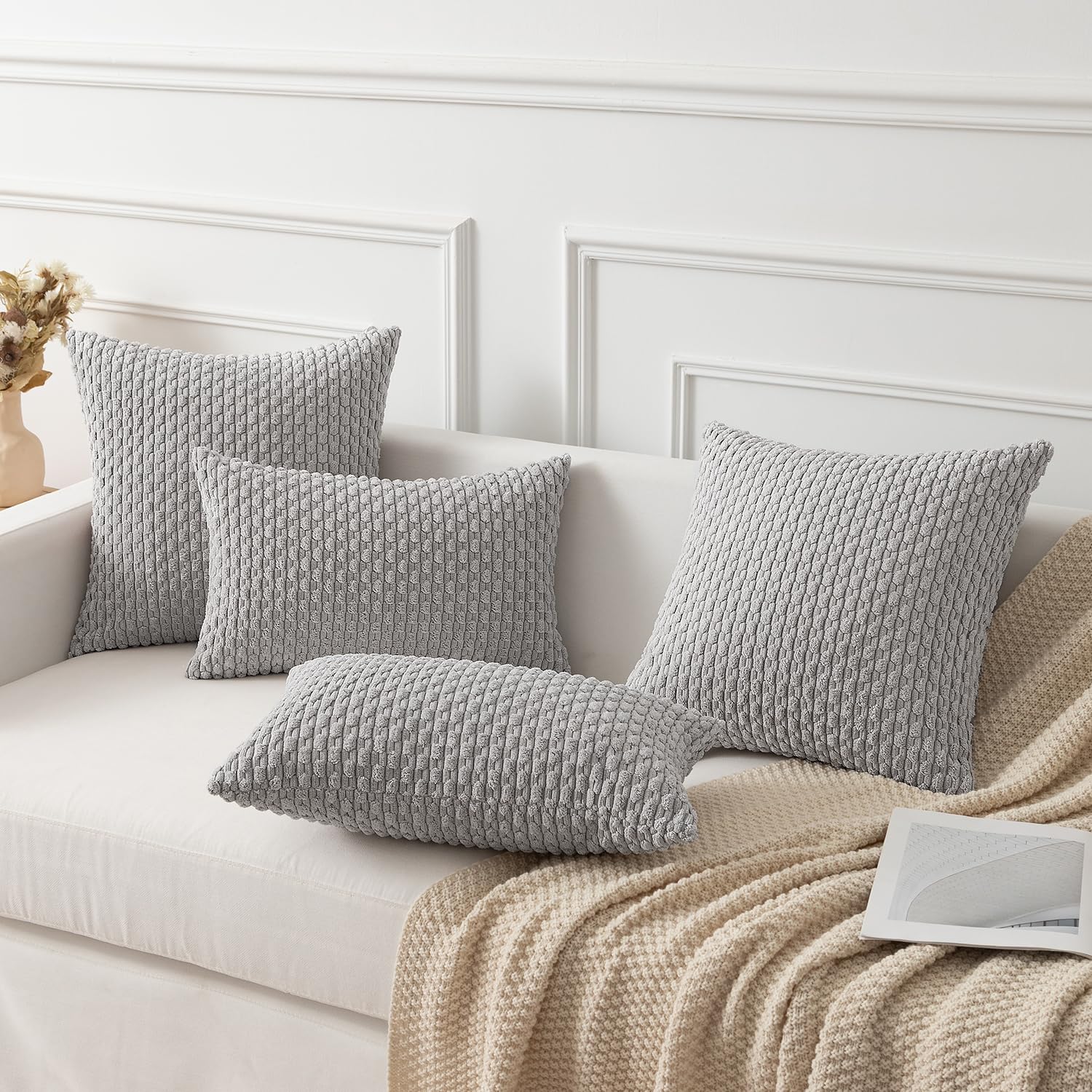 Kevin Textile 2 Packs Light Grey Decorative Throw Pillow Covers 26X26 Inch For Living Room Couch Bed Sofa Rustic Farmhouse Boho Home Decor Soft Striped Corduroy Square Cushion Case 66X66 Cm
