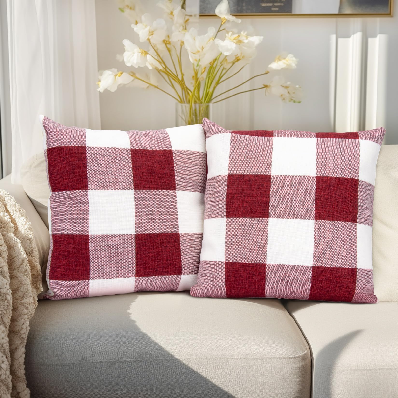Sukh Plaid Throw Pillow Cover - 2Pcs Red&White Buffalo Plaid Pillow Covers 18X18 Inch Linen Pillow Covers For Home And Office De