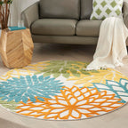 Nourison Aloha Indoor/Outdoor Floral Turquoise Multicolor 4' X Round Area Rug, (4' Round)