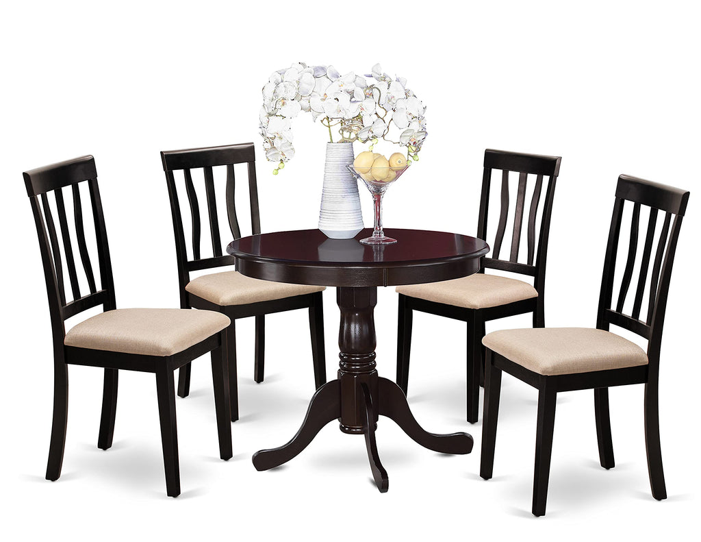 East West Furniture ANTI5-CAP-C 5 Piece Kitchen Table & Chairs Set Includes a Round Dining Room Table with Pedestal and 4 Linen Fabric Upholstered Dining Chairs, 36x36 Inch, Cappuccino