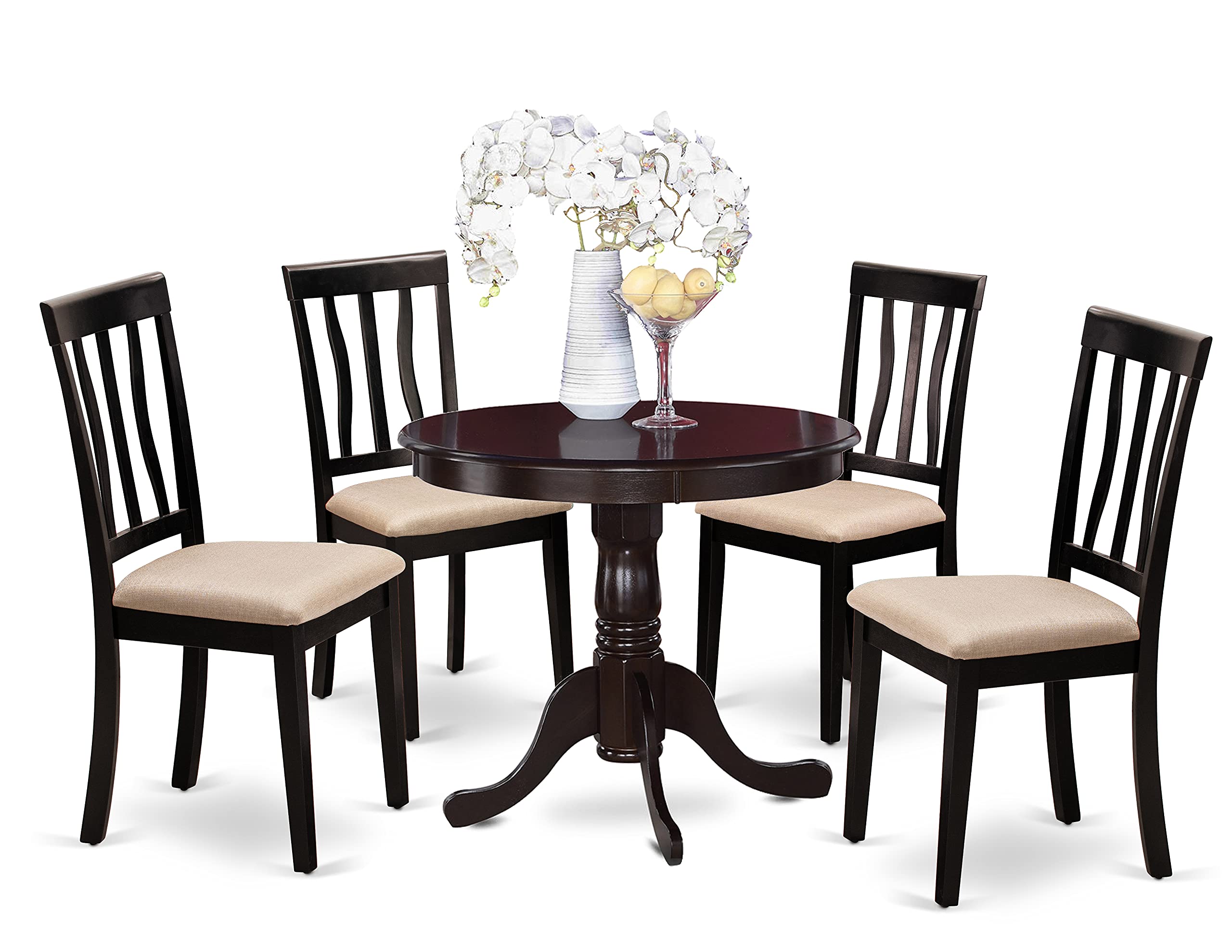 East West Furniture ANTI5-CAP-C 5 Piece Kitchen Table & Chairs Set Includes a Round Dining Room Table with Pedestal and 4 Linen Fabric Upholstered Dining Chairs, 36x36 Inch, Cappuccino