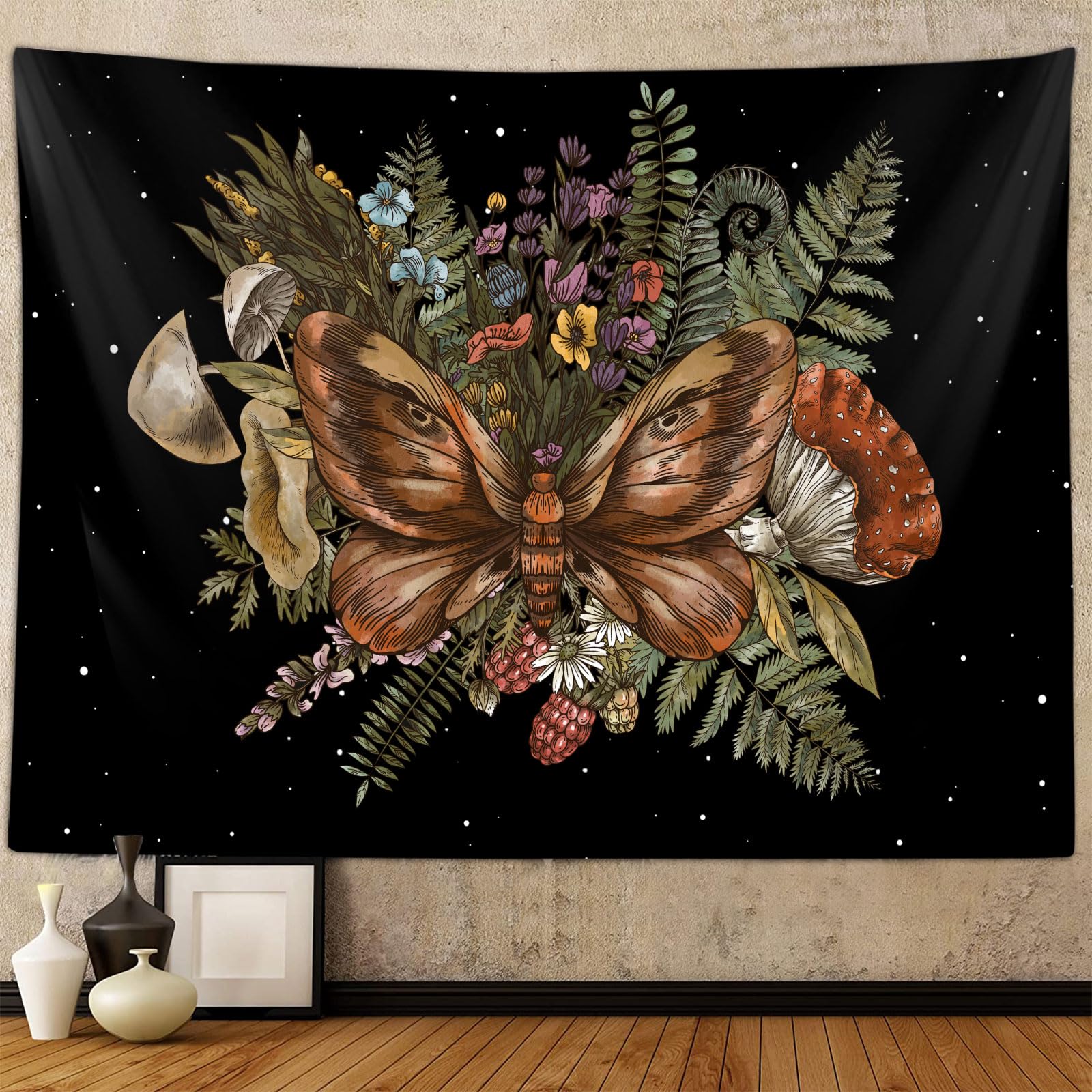 Boho Mushroom Moth Tapestry For Girls Bedroom Aesthetic, Vintage Butterfly Botanical Plant Art Tapestries Wall Hanging For Colle