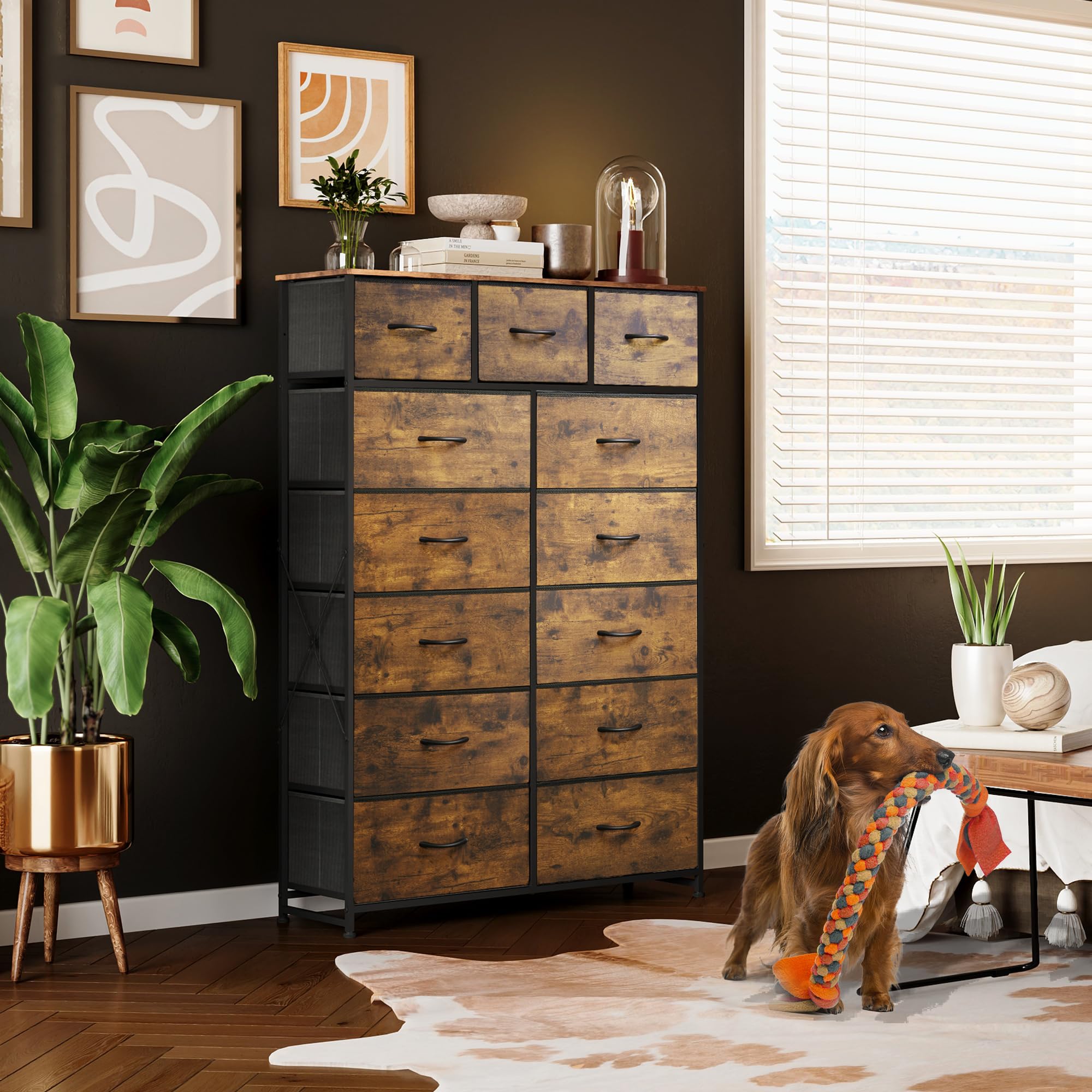 Wlive Tall Dresser For Bedroom With 13 Drawers, Storage Dresser Organizer Unit, Fabric Dresser For Bedroom, Closet, Chest Of Drawers, Steel Frame, Wood Top, Rustic Brown Wood Grain Print