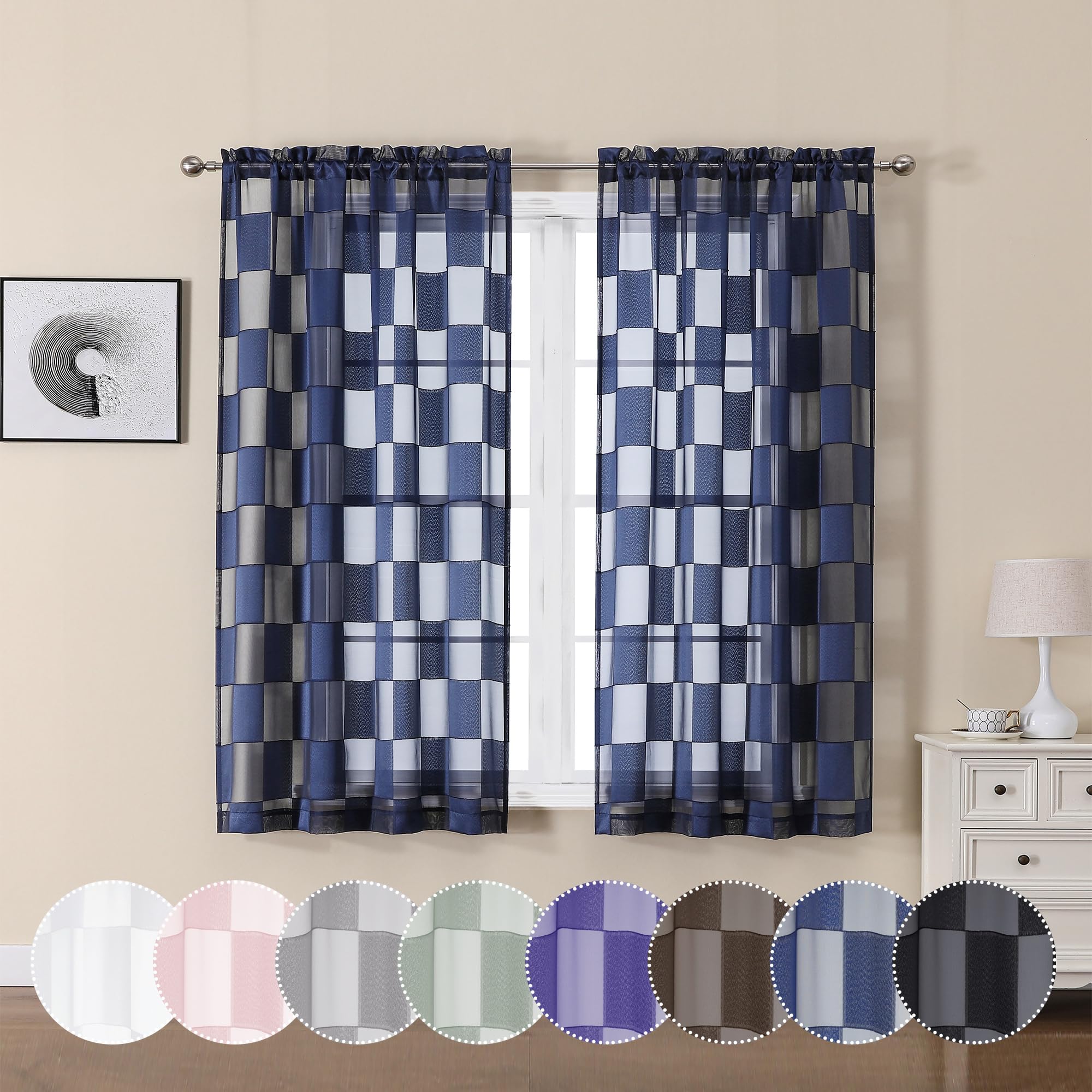 OVZME Barry Navy Blue Curtains 54 Inches Long 2 Panels - Privacy Soft Checkered Light Filtering Sheer Drapes, Clip Textured Semi