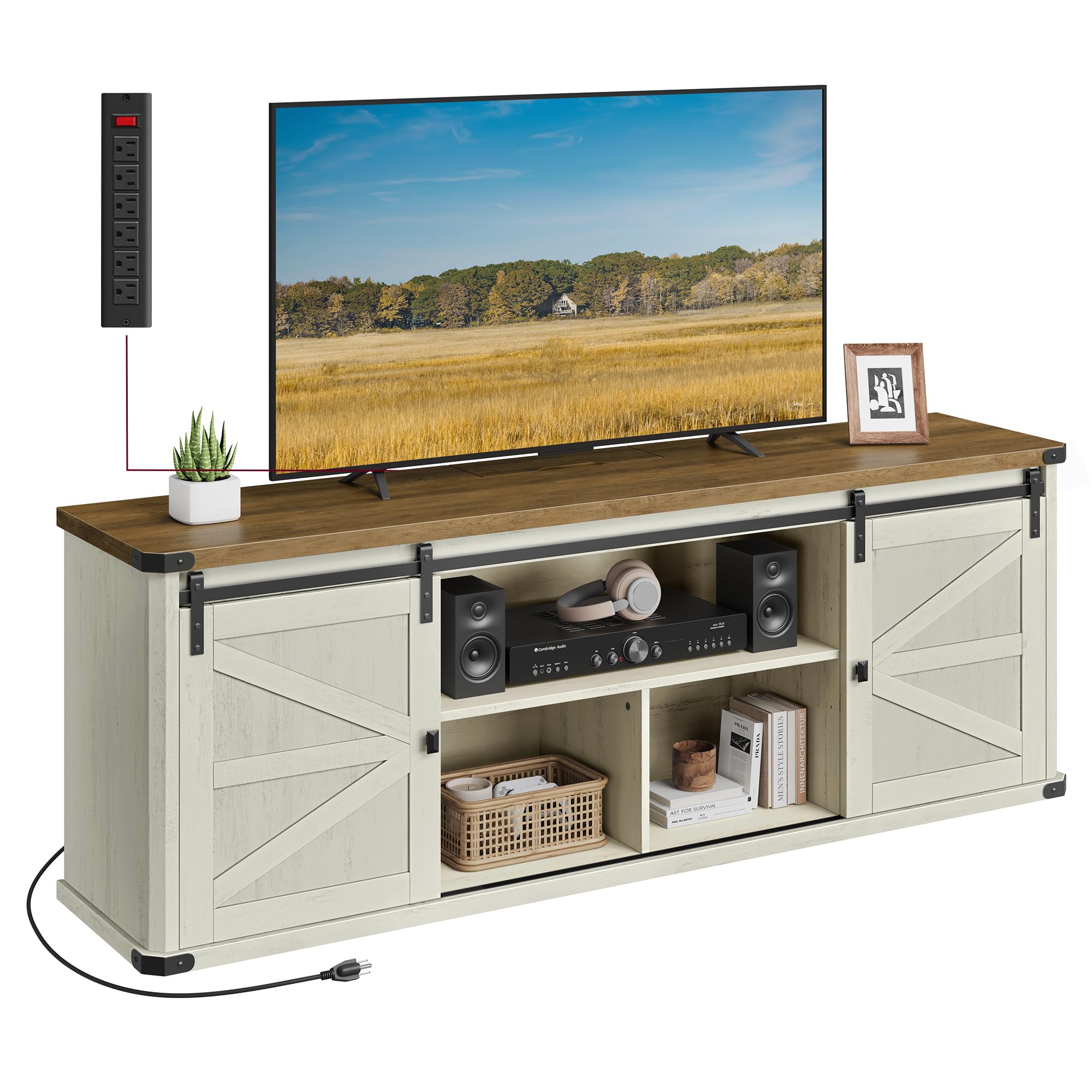 Vasagle Tv Stand For Tvs Up To 75 Inches, Farmhouse Entertainment Center With Sliding Barn Doors, Tv Console Table For Living Room, Rustic White And Honey Brown Ultv325W73