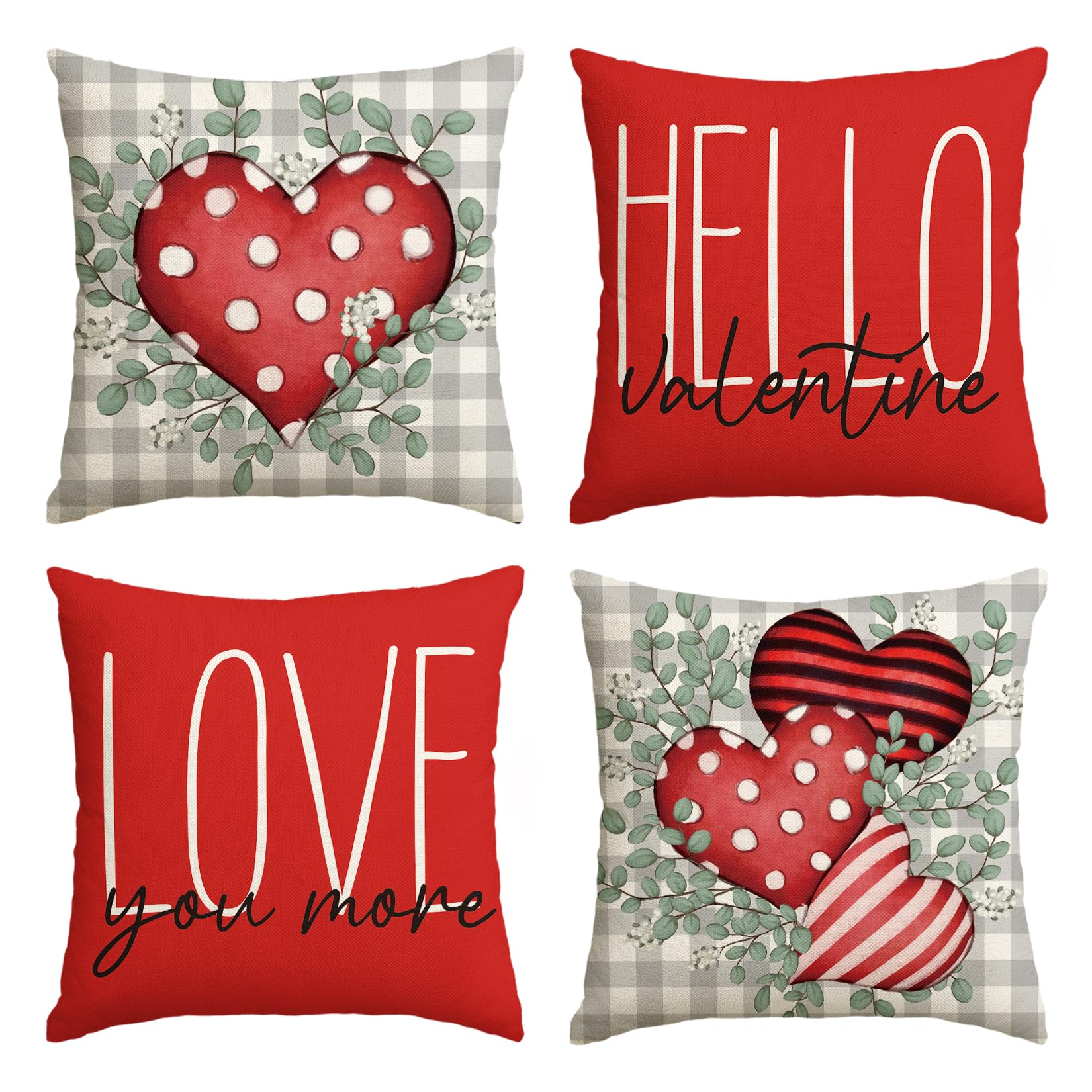 Avoin Colorlife Hello Valentine Love You More Eucalyptus Leaves Throw Pillow Covers, 18 X 18 Inch Buffalo Plaid Polka Dot Stripe