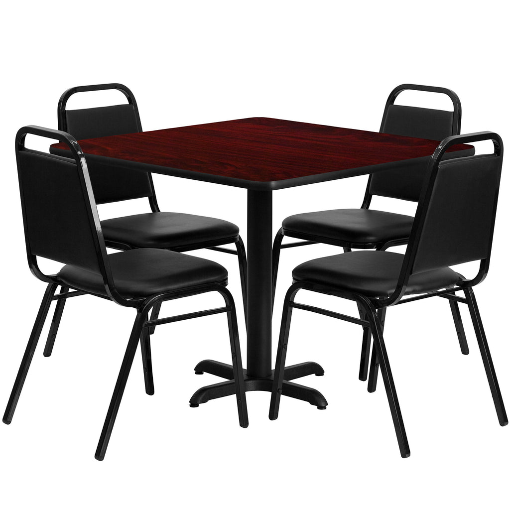 Flash Furniture Carlton 36'' Square Mahogany Laminate Table Set with X-Base and 4 Black Trapezoidal Back Banquet Chairs