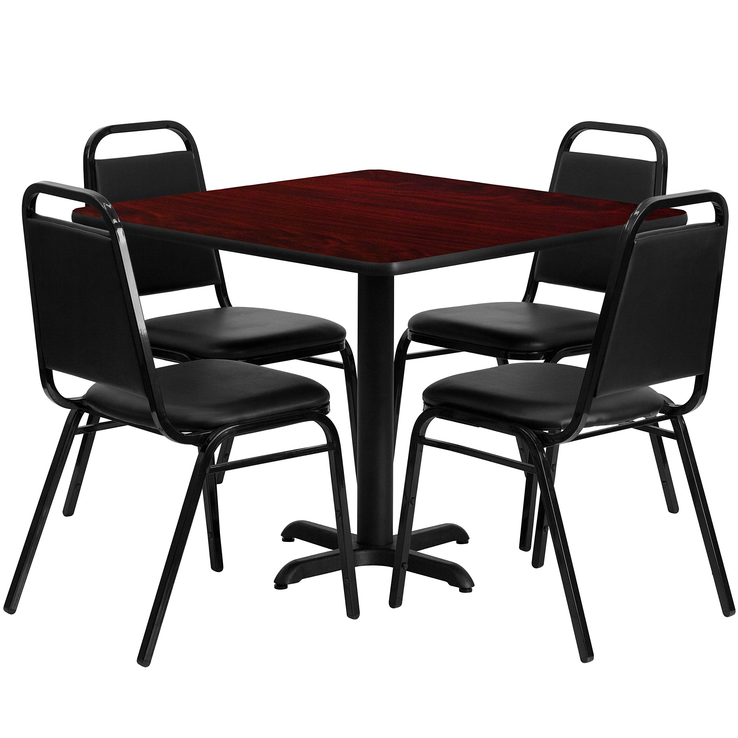 Flash Furniture Carlton 36'' Square Mahogany Laminate Table Set with X-Base and 4 Black Trapezoidal Back Banquet Chairs