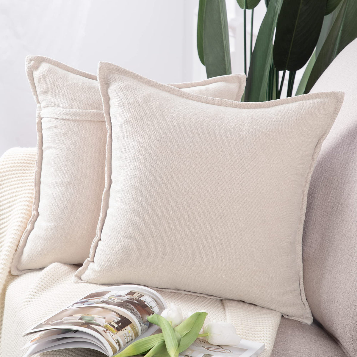 Madizz Set Of 2 Short Chenille Throw Pillow Covers 18X18 Inch Ivory Soft Decorative Cushion Cover For Sofa Bedroom Pillow Shell