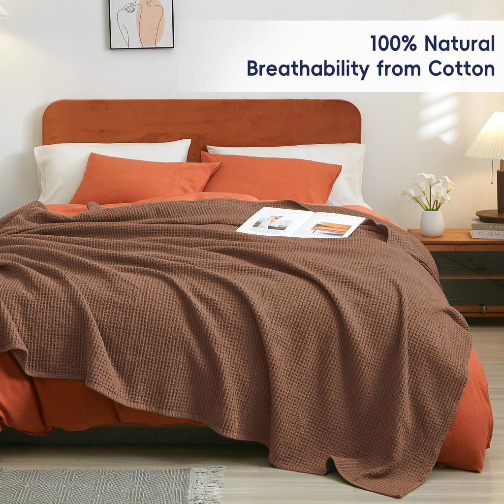 Phf 100% Cotton Waffle Weave Blanket Twin Size 66'X90'-Lightweight Washed Soft Breathable Blanket For All Season-Perfect Blanket Layer For Couch Bed Sofa -Elegant Home Decoration - Cappuccino