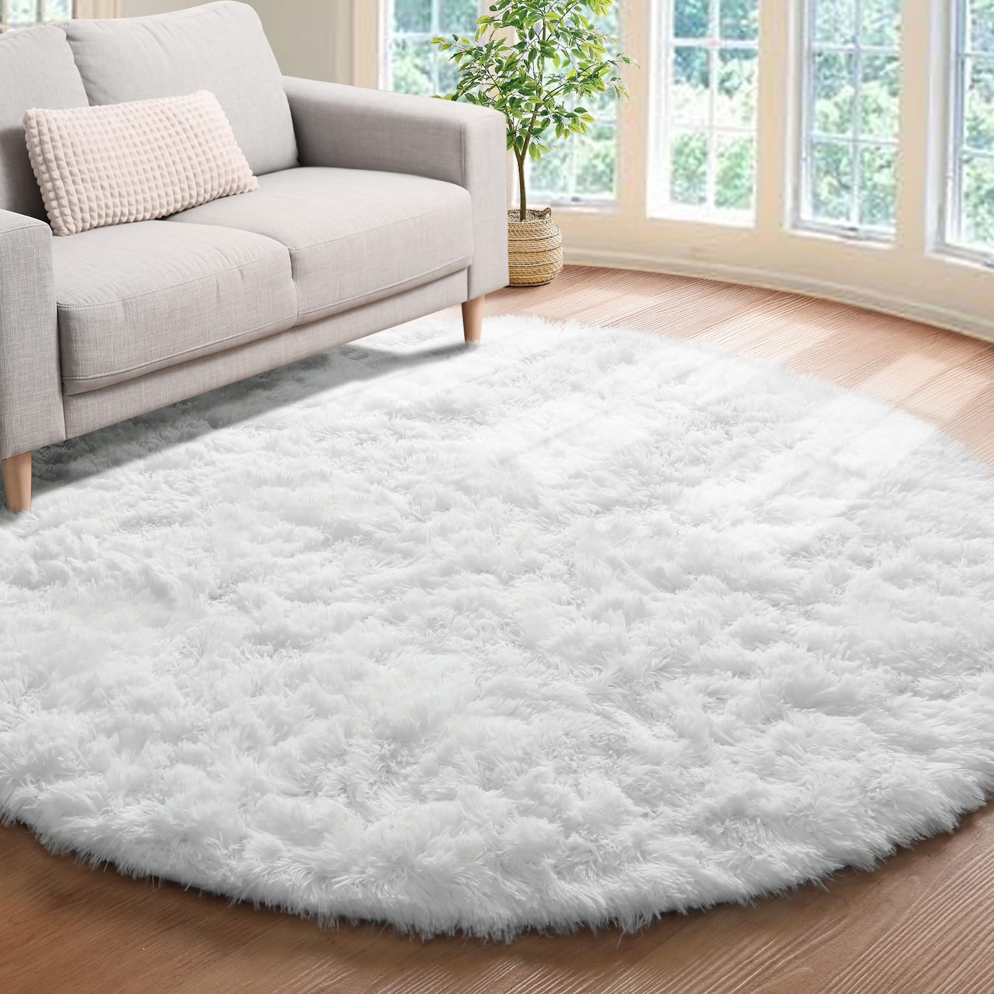 ONASAR White Round Area Rug 5ft, Soft Bedroom Circle Rugs Floor Mat for Kids Girls Boys Teen Room, Fuzzy Plush Shaggy Carpet for