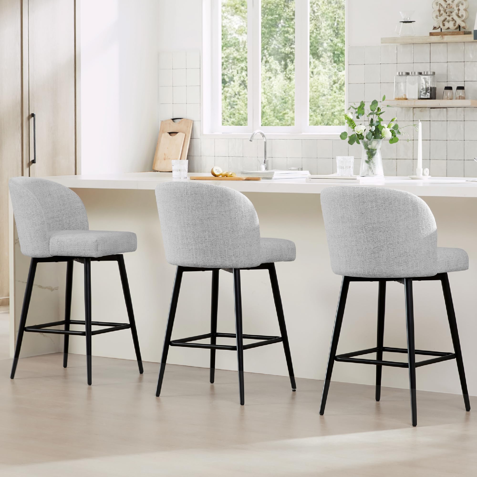 Watson & Whitely Counter Height Bar Stools Set of 3, 360 Swivel Upholstered Barstools with Backs and Metal Legs, 26 H Seat Heigh
