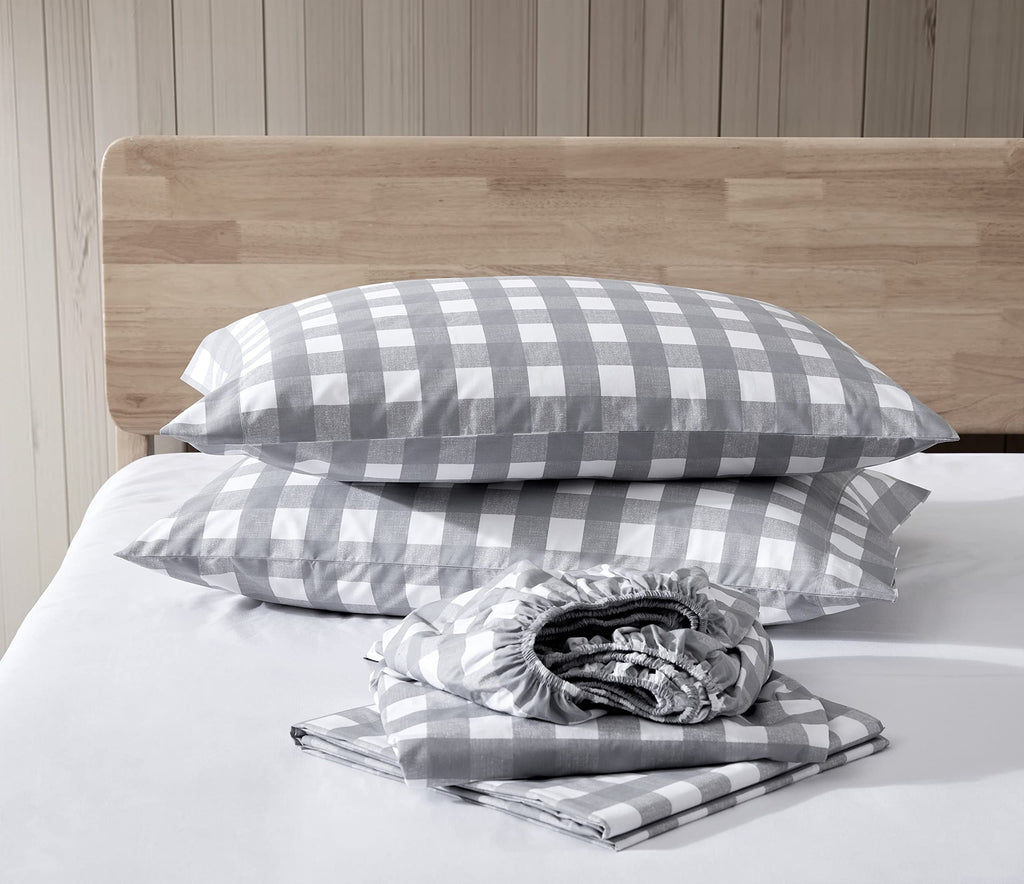 Eddie Bauer Home Sheets Cotton Percale Bedding Set, Crisp & Cool, Stylish Home Decor, Queen, Lakehouse Plaid Grey/White