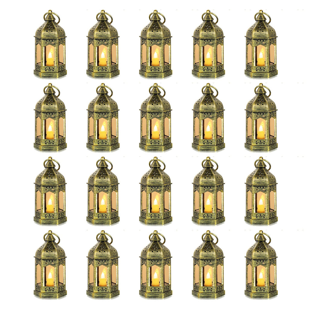 Romadedi Mini Lanterns Decorative for Wedding Centerpiece - 20 Pcs Hanging Small Gold Lantern Bulk with Flickering LED Candles f