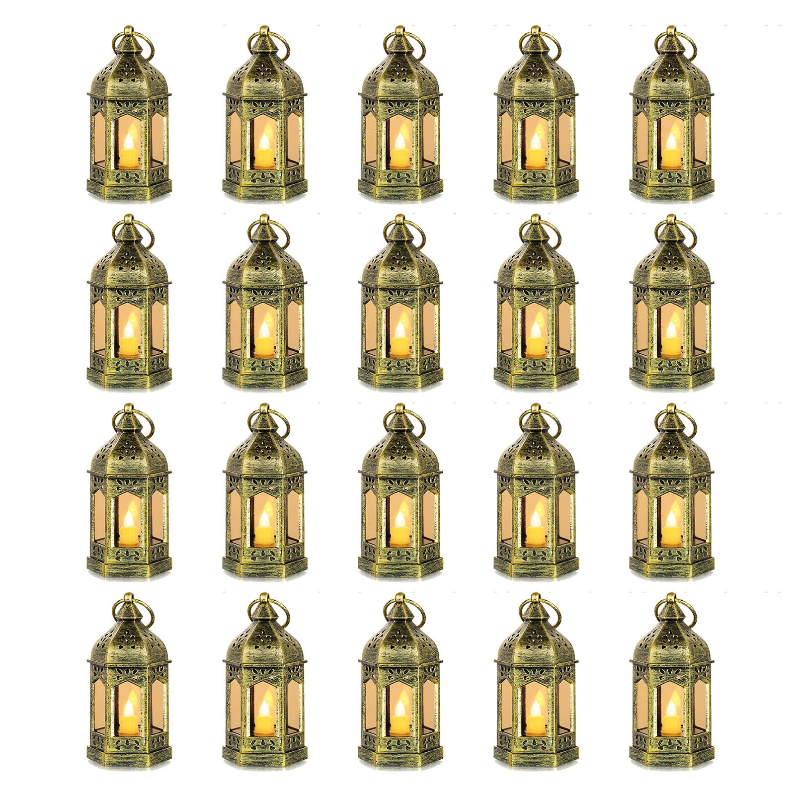 Romadedi Mini Lanterns Decorative for Wedding Centerpiece - 20 Pcs Hanging Small Gold Lantern Bulk with Flickering LED Candles f