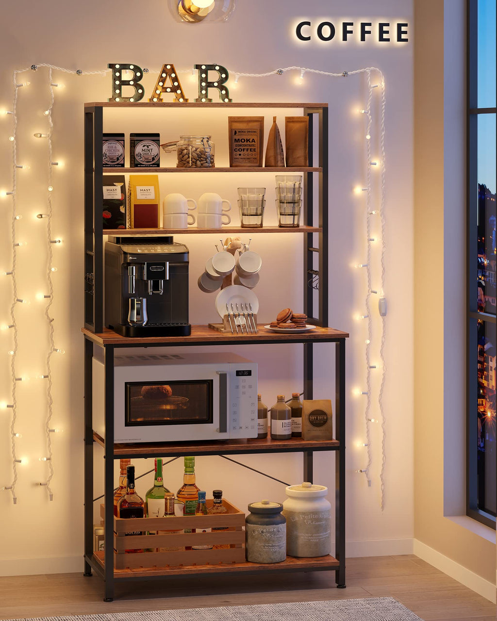 Vasagle Coffee Bar, 31.5 Inches Baker'S Rack For Kitchen With Storage, 6-Tier Kitchen Shelves With 6 Hooks, Microwave Stand, Industrial, Rustic Brown And Black Ukks019B01