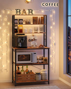 Vasagle Coffee Bar, 31.5 Inches Baker'S Rack For Kitchen With Storage, 6-Tier Kitchen Shelves With 6 Hooks, Microwave Stand, Industrial, Rustic Brown And Black Ukks019B01
