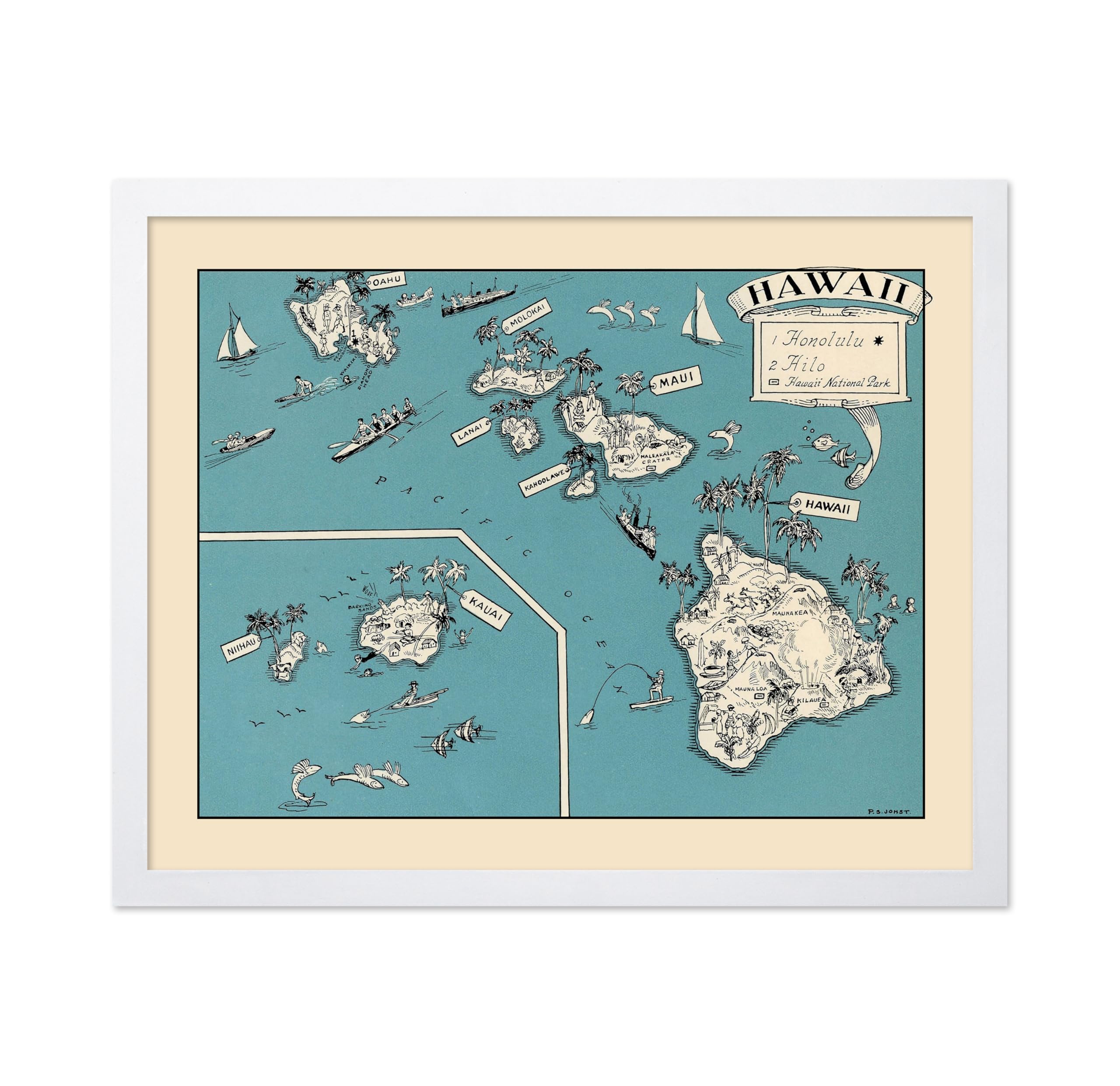 Poster Master Hawaii Travel Poster - Aqua Turquoise 1930s Vinateg Map Print - Unique Wall Decor Gift for Home, Living Room, Kitc