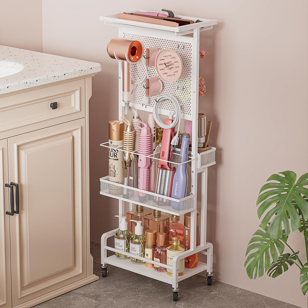 Hair Tool Organizer Cart with Hair Dryer Holder, Narrow Bathroom Storage Cart for Curling Flat Iron & Hot Tools, Slim Hair Appli