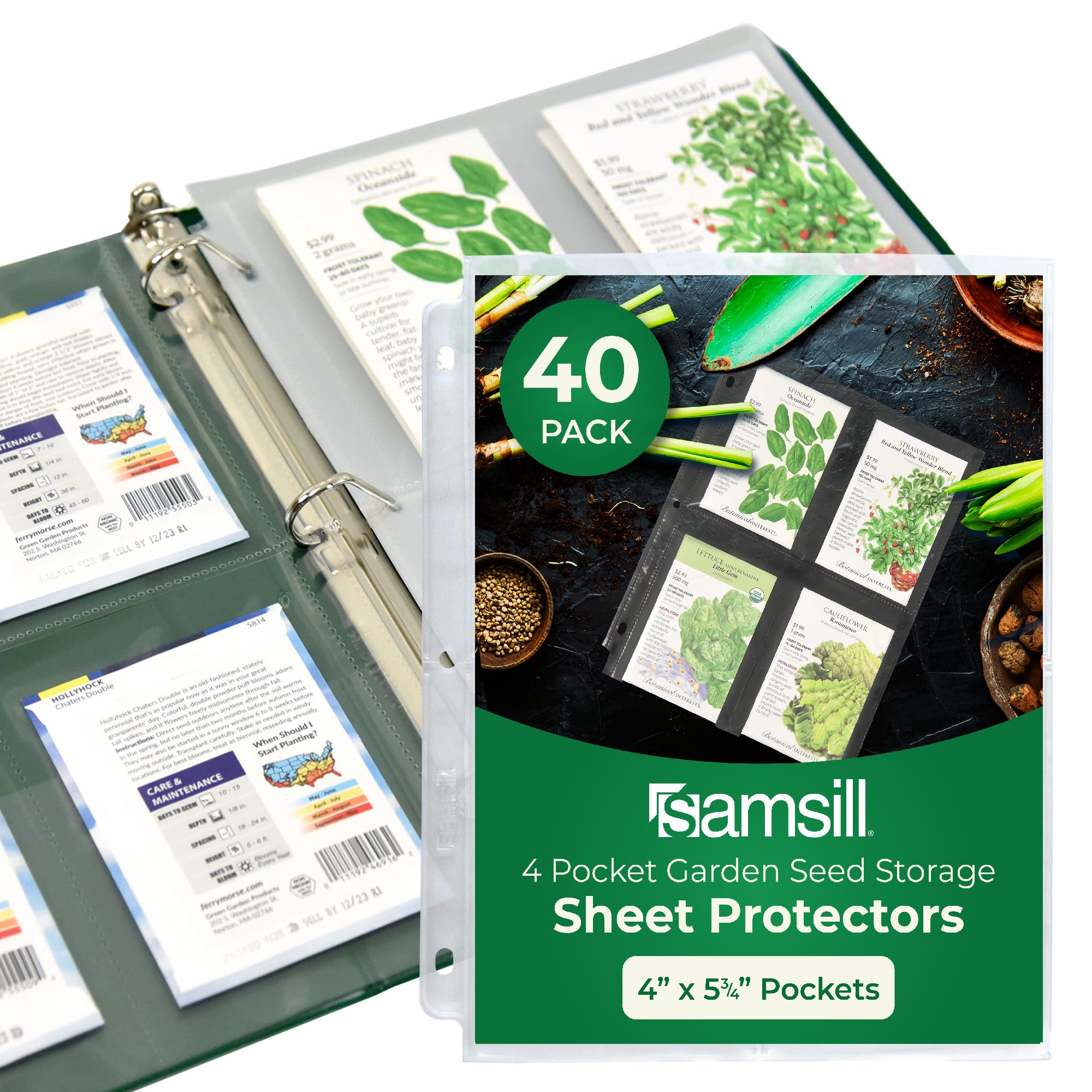 Samsill 4 Pocket Garden Seed Storage Sheet Protectors, 40 Pack, Fits Standard 3 Ring Binder, 4' X 5.75' Ultra Clear Pockets, T