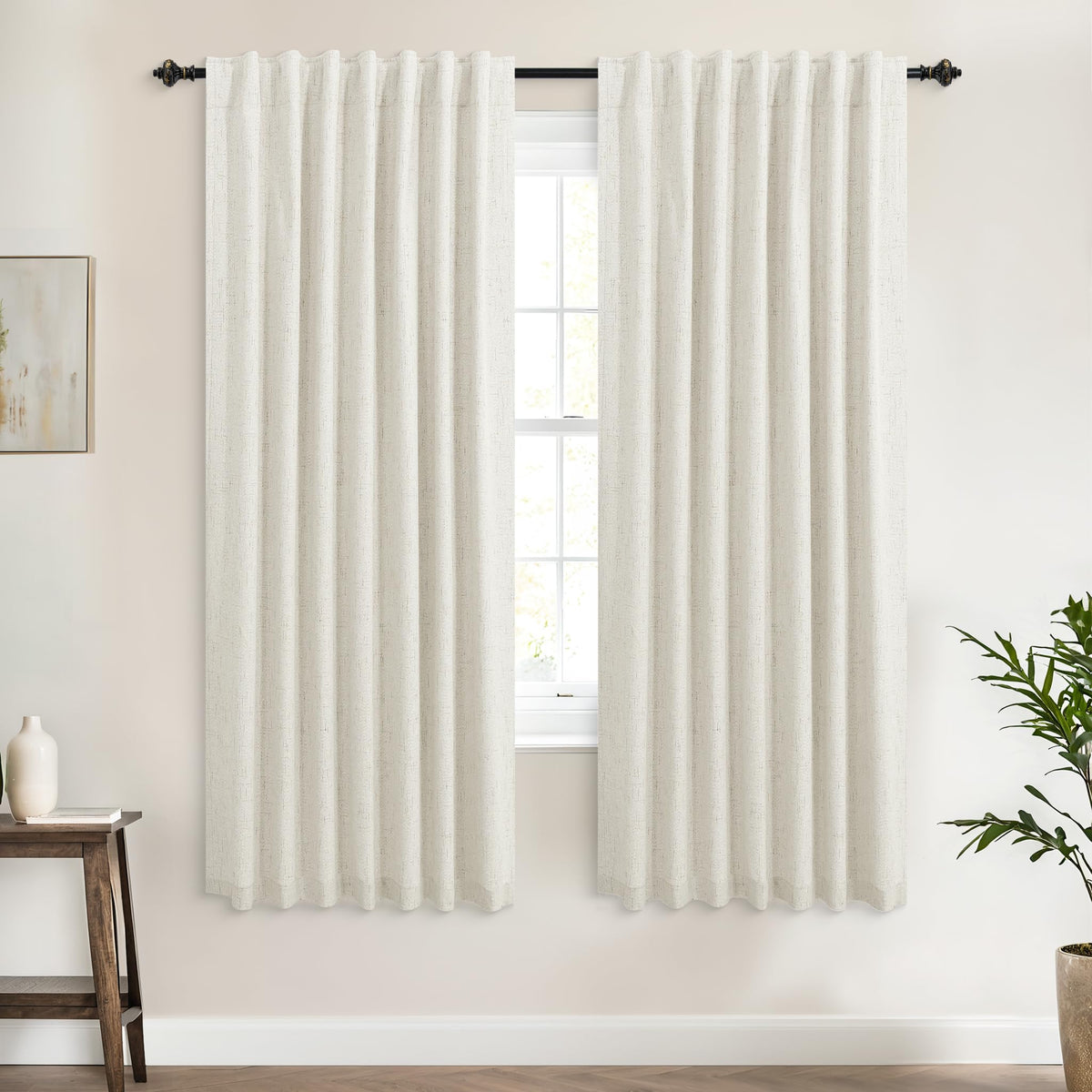 Koufall Room Darkening Curtains 63 Inch Long For Bedroom,Black Out Linen Textured Cream Back Tab Pleated Blackout Curtains 63 In