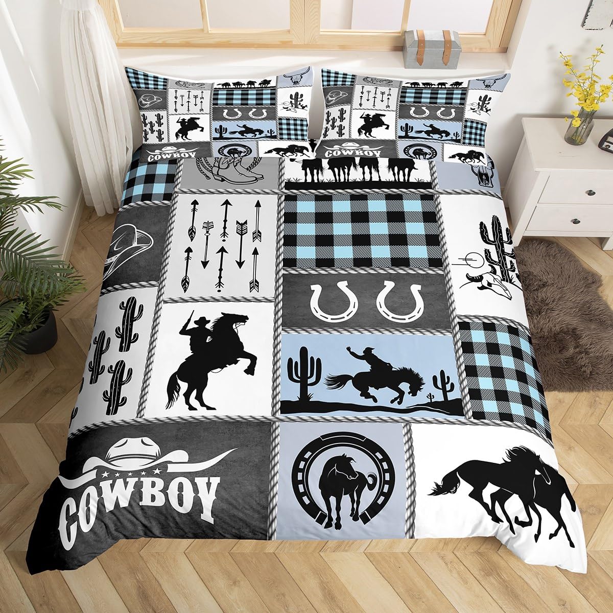 Western Cowboy Kids Duvet Cover Set Full Size,Horseshoes Cactus Rustic Farmhouse Bedding Set,Boys Girls Adults Room Decor,Arrow