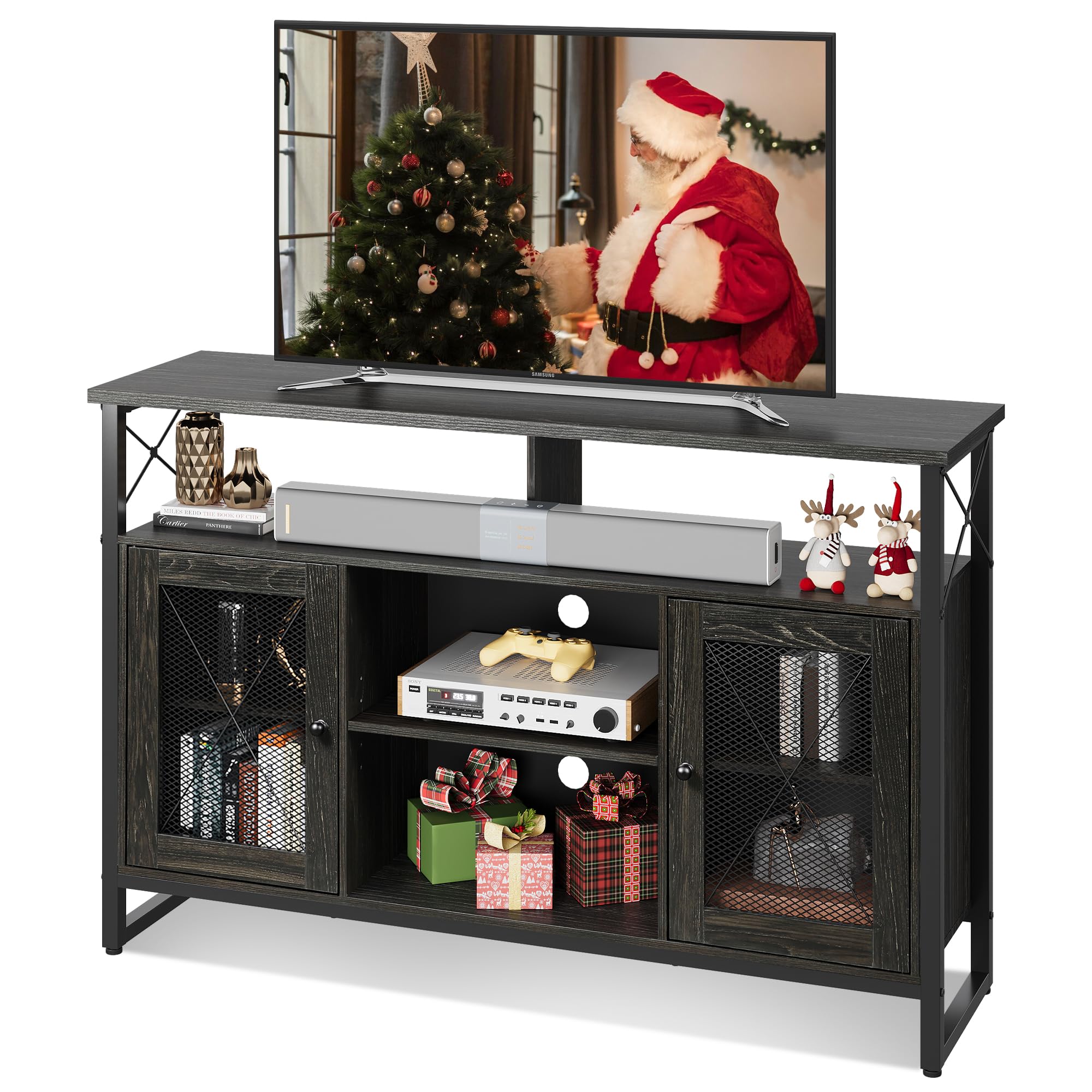Wlive Tv Stand 55 Inch Tv,Tall Entertainment Center With Storage, Farmhouse Industrial Tv Console For Bedroom Living Room, Charcoal Black