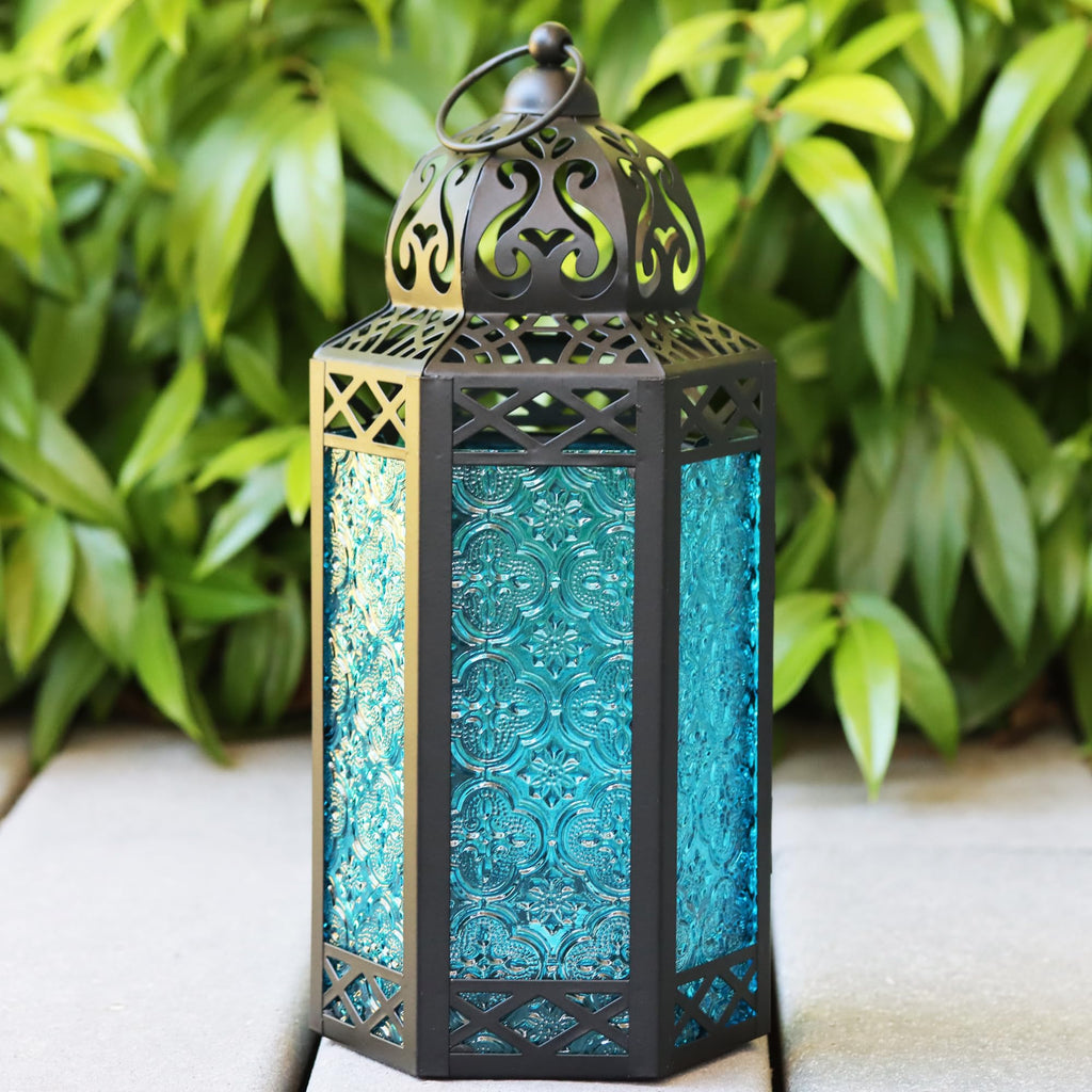 Large Black Metal Decorative Moroccan Lantern Candle Holder Lamp - Indoor/Outdoor, Home Decor, Patio, Weddings, Christmas, Blue