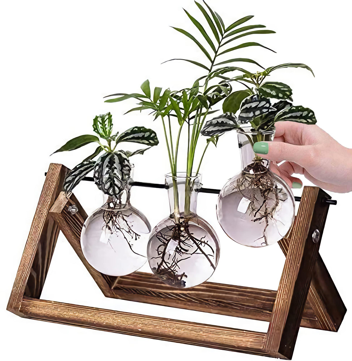 Kingbuy Desktop Glass Planter Iron And Wooden Stand Plant Terrariums For Indoor Office Desk Decor Accessories, 3 Bulb Vases, Bro