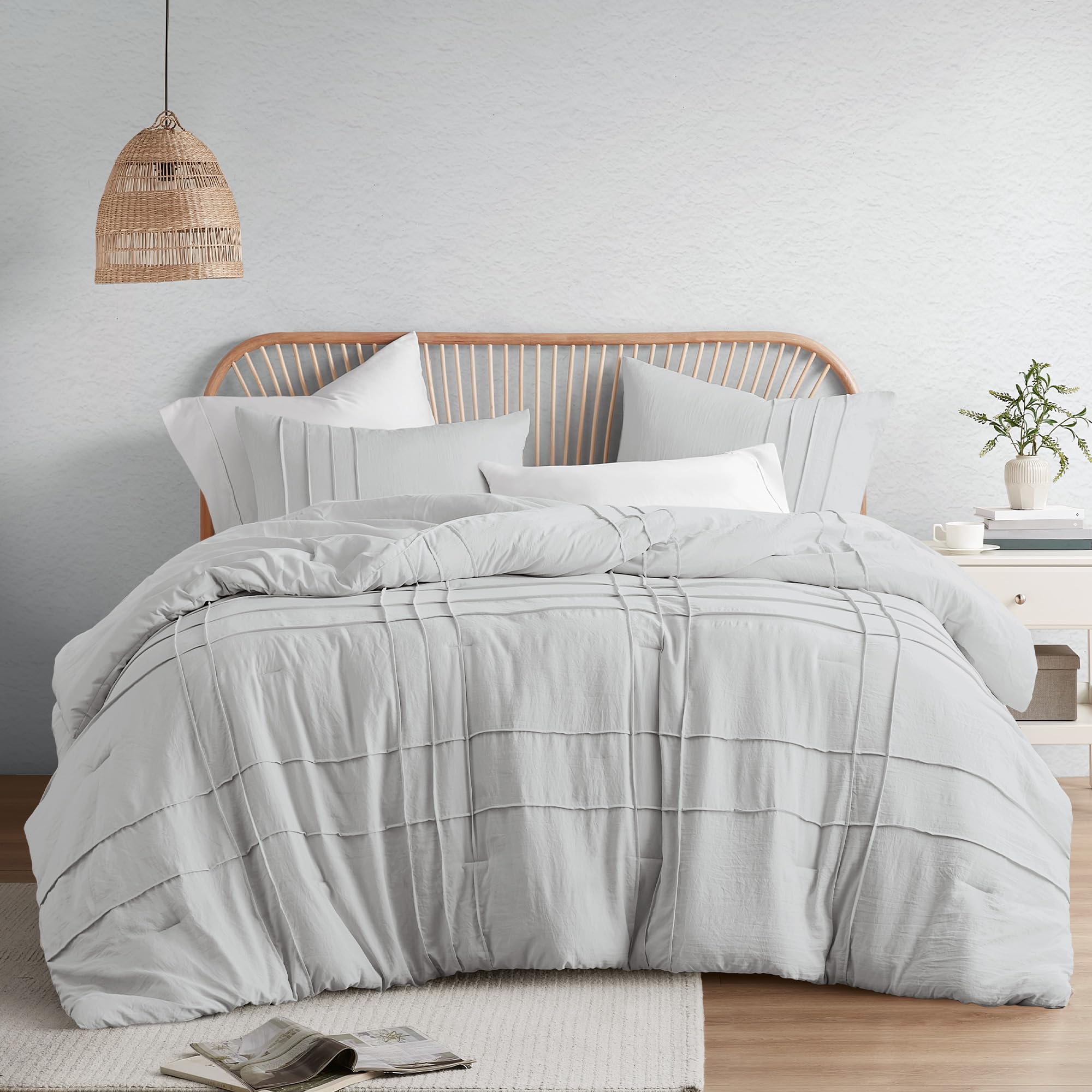 Comfort Spaces Silver Full Size Comforter Set - 3 Piece Pintuck Pleated Bedding Set, All Season Lightweight, Extra Softness Pre-