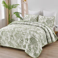 Wongs Bedding Botanical Quilt Set Queen Size, Sage Green 3 Pieces Floral Plants Printed Bedspread Bedding Set Soft Lightweight M
