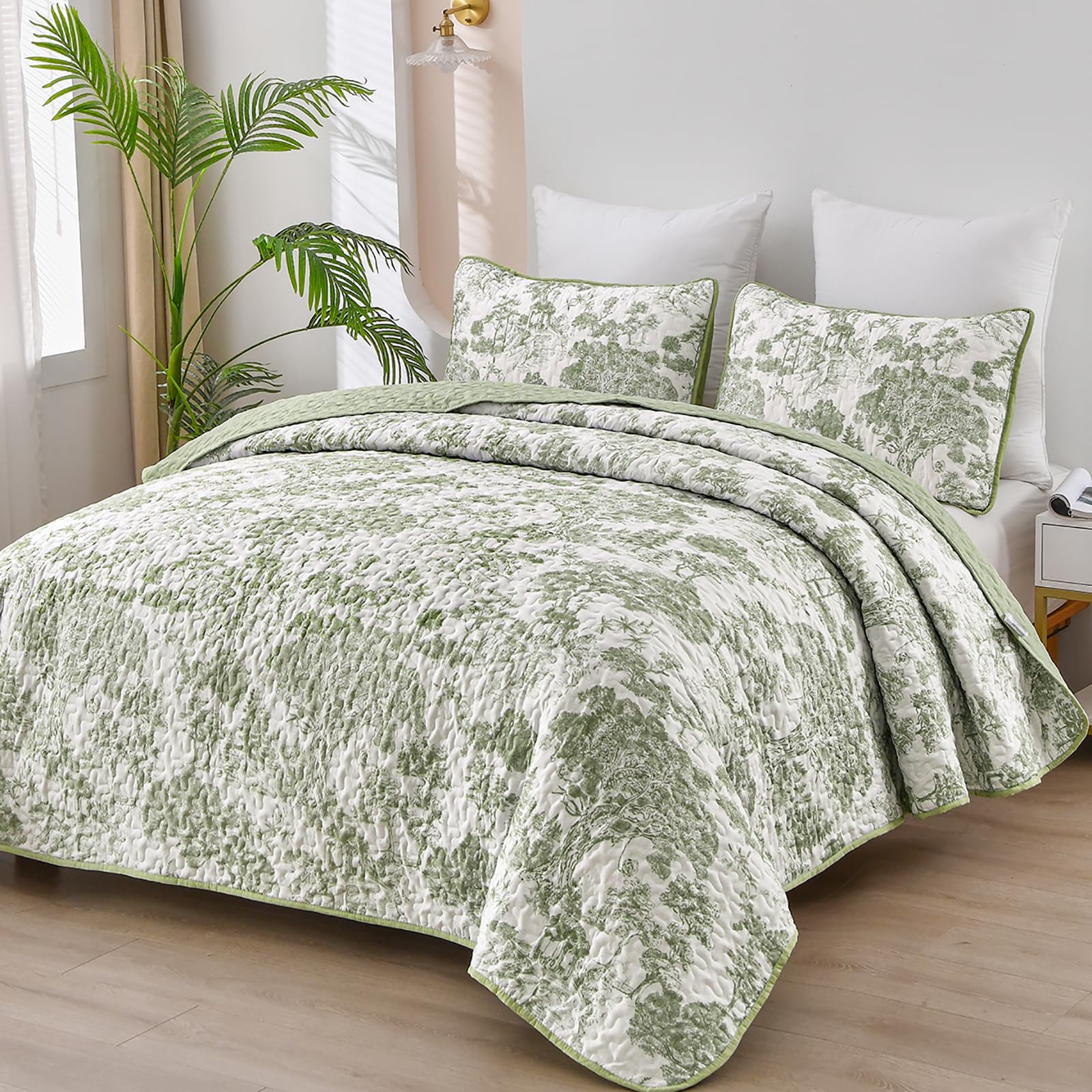 Wongs Bedding Botanical Quilt Set Queen Size, Sage Green 3 Pieces Floral Plants Printed Bedspread Bedding Set Soft Lightweight M
