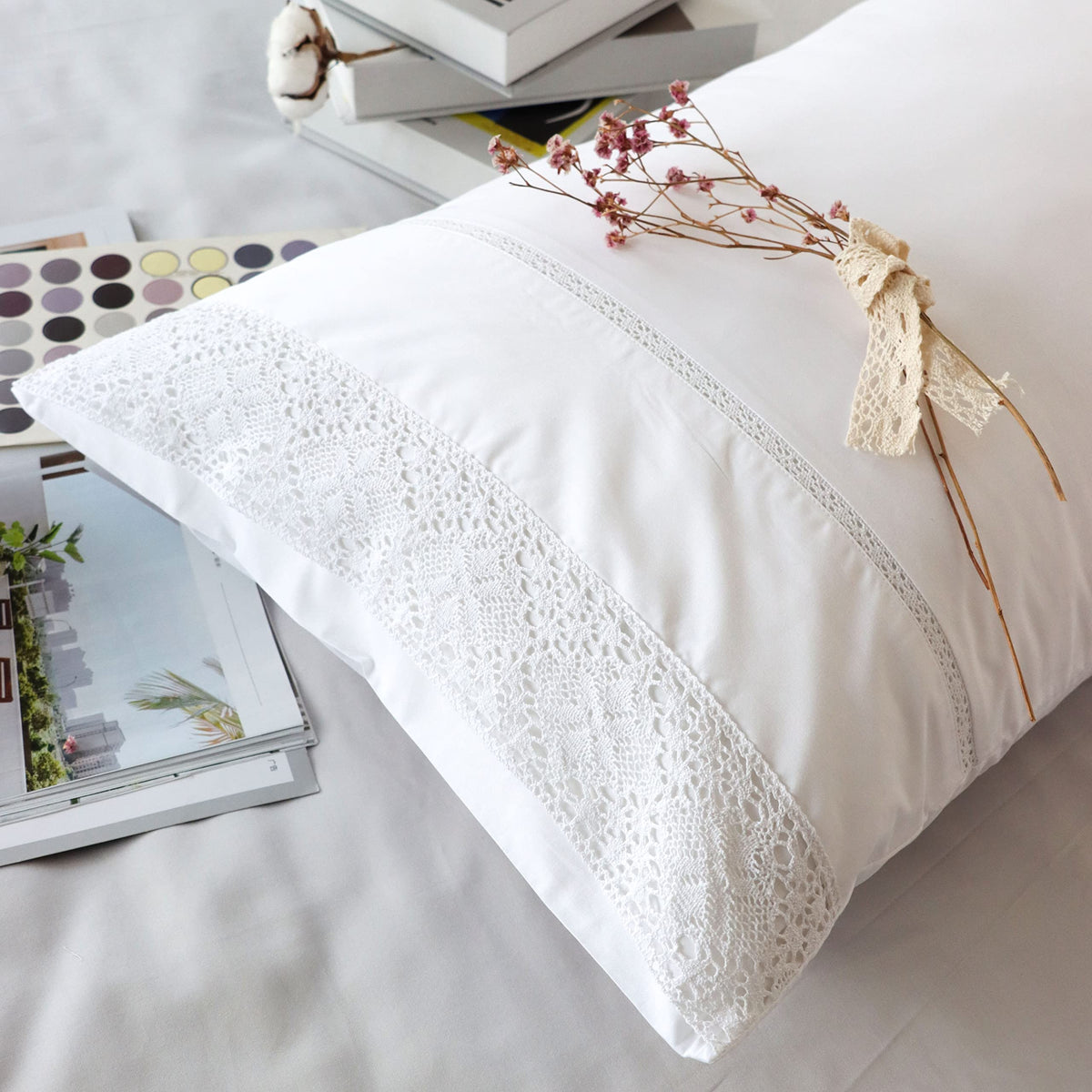 Ranznaz 100% Cotton Lace Pillow Cases Queen Size Set Of 2 - White Good Feeling Pillowcases 2 Pack With Envelope Closure, Elegant