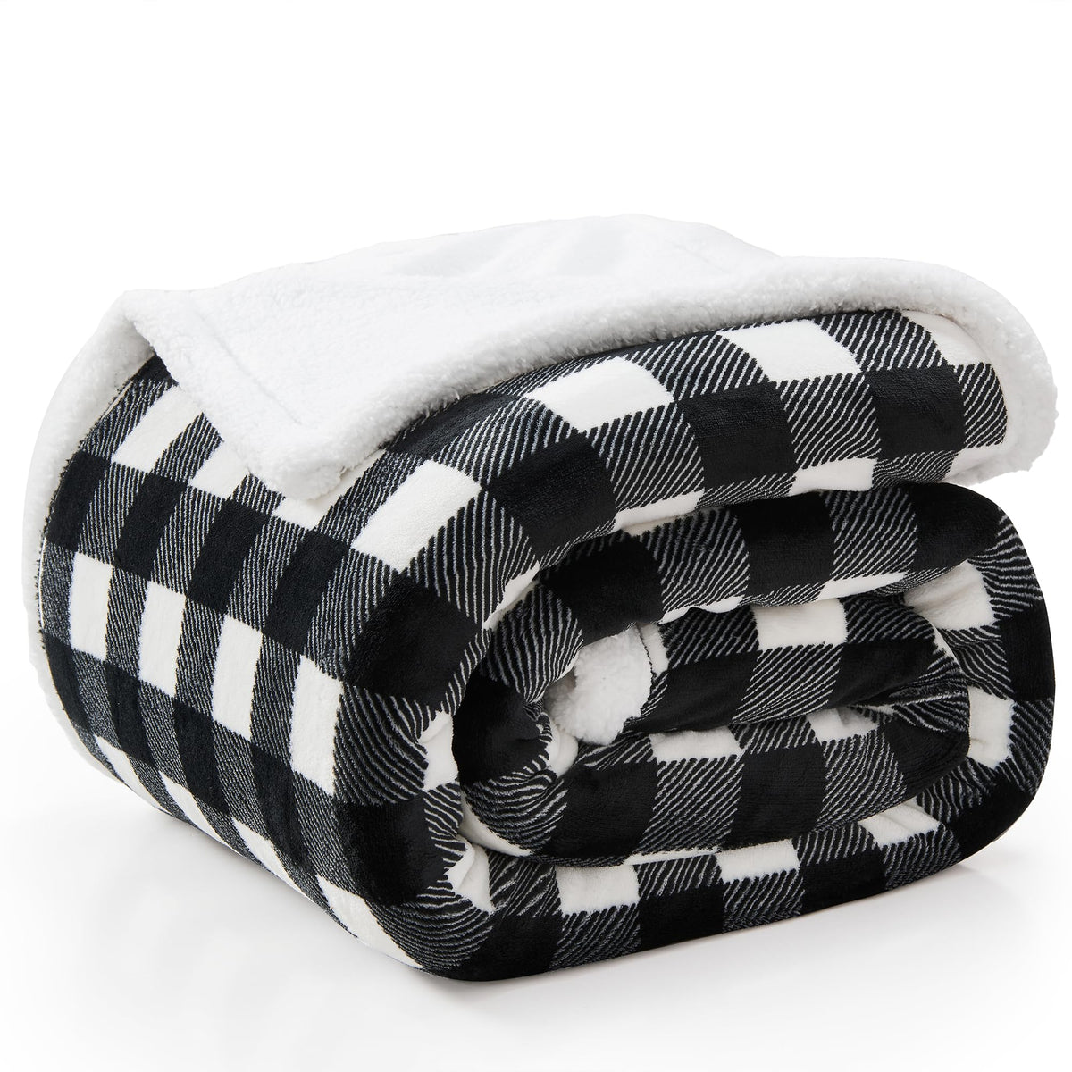 Bedelite Sherpa Fleece Blankets King Size - Black And White Buffalo Plaid Christmas Blanket, Super Soft Cozy Warm Thick Winter B