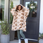 Catalonia Southwestern Aztec Oversized Wearable Blanket Hoodie Sweatshirt, Comfortable Sherpa Lounging Pullover For Adults, Gift