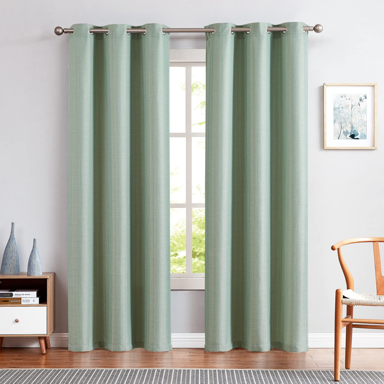 Jinchan Linen Textured Curtains 90 Inch Long 2 Panels Curtains For Living Room Heathered Green Curtains Grommet Top Light Filtering Window Curtains Set Drapes For Bedroom