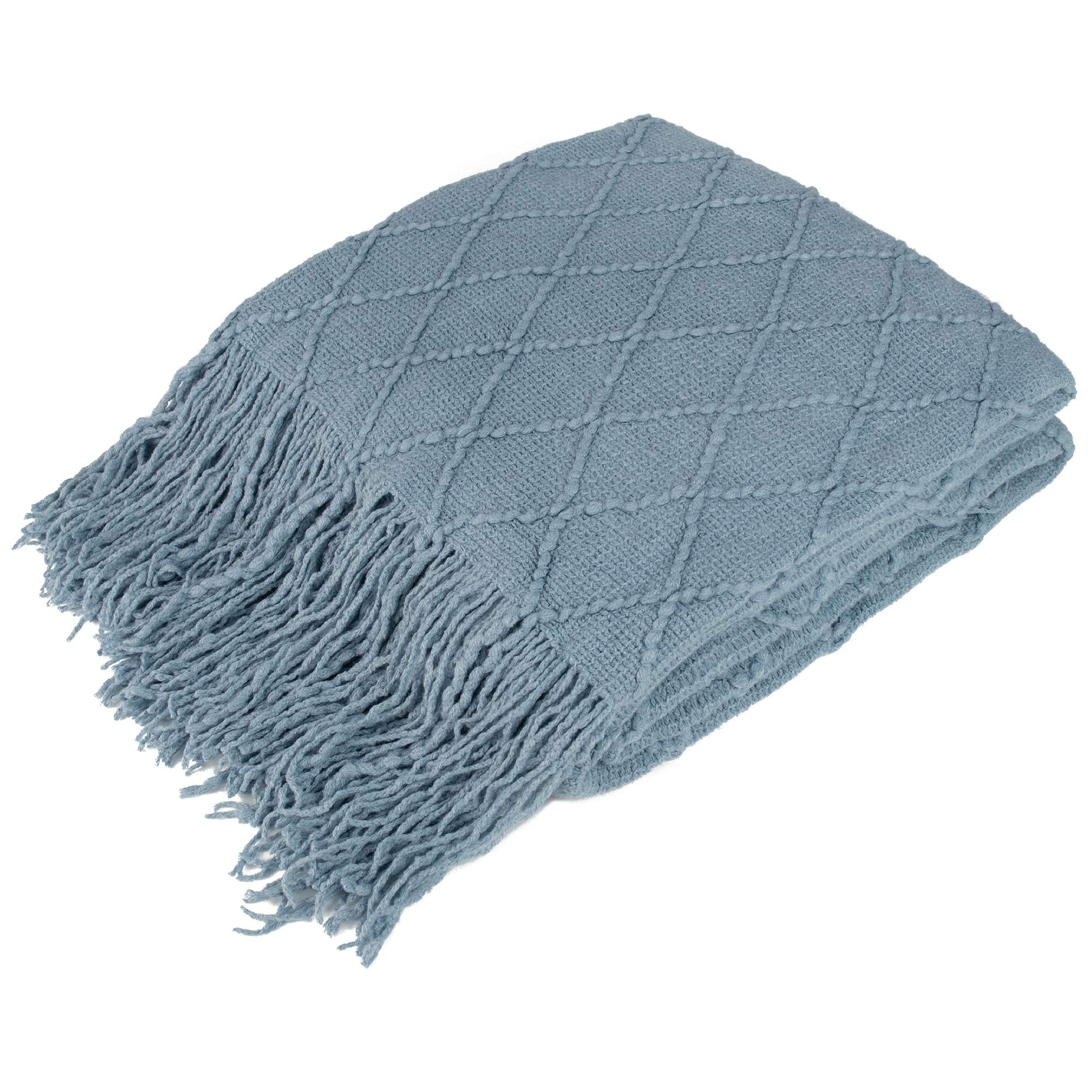 Pavilia Dusty Blue Knit Throw Blanket For Couch, Soft Knitted Boho Farmhouse Home Decor Woven Throw, Cozy Decorative Afghan Bed