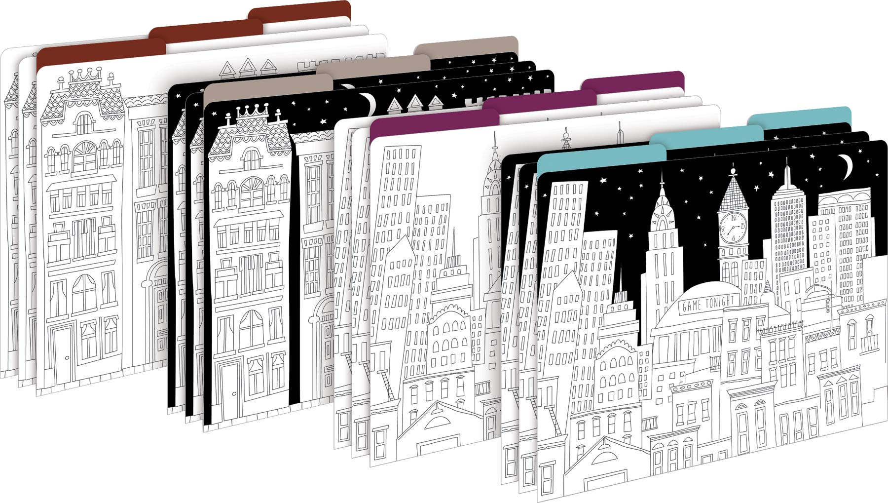 Barker Creek Color Me! Cityscapes File Folders On 14Pt Stock, Set Of 12, Letter Size, 1/3 Cut Tabs, Home, School And Office Supp