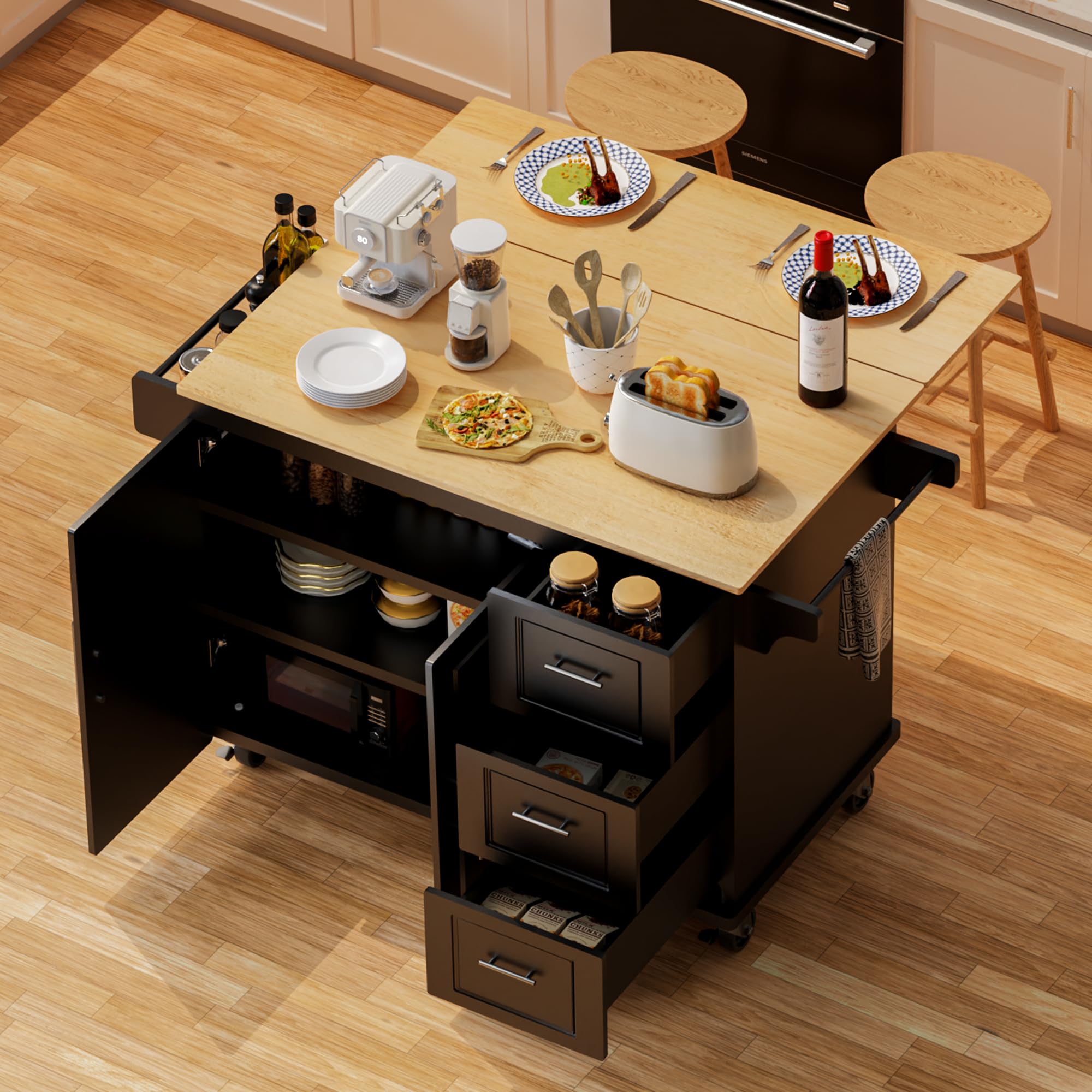 Hidsliving Kitchen Island 54' Large Rolling Kitchen Island Cart On Wheels With Drop Leaf 3 Drawers 1 Cabinet,Spice Towl Rack Mo