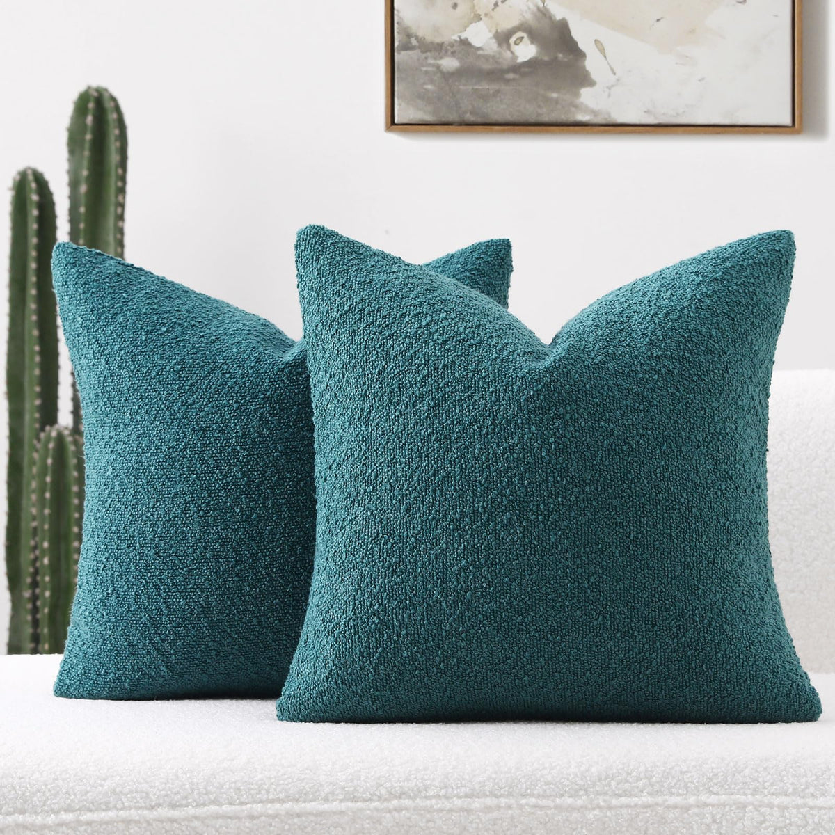 Futei Pack Of 2 Teal Green Boucle Accent Decorative Throw Pillow Covers,22X22 Inch Soft Solid Textured Cushion Case,Home Decor F