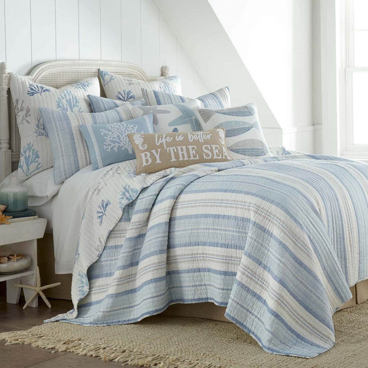Levtex Home - Ipanema Quilt Set - Full/Queen Quilt + Two Standard Pillow Shams - Coastal - Blue, Taupe And Cream - Quilt Size (8