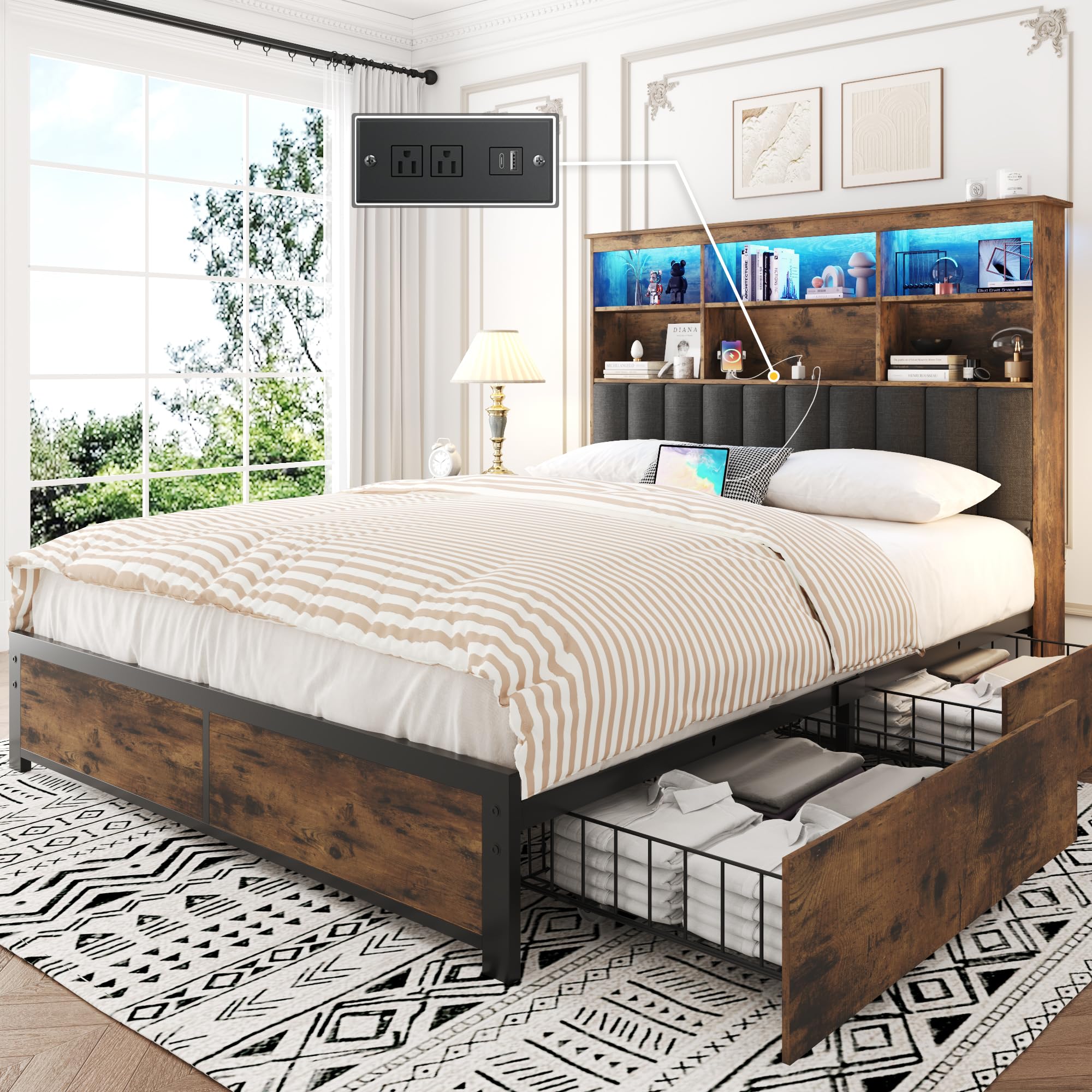 Lifezone Queen Bed Frame with Headboard, Queen Bed Frame with High Storage Bookcase Headboard,4 Storage Drawers & Charging Stati