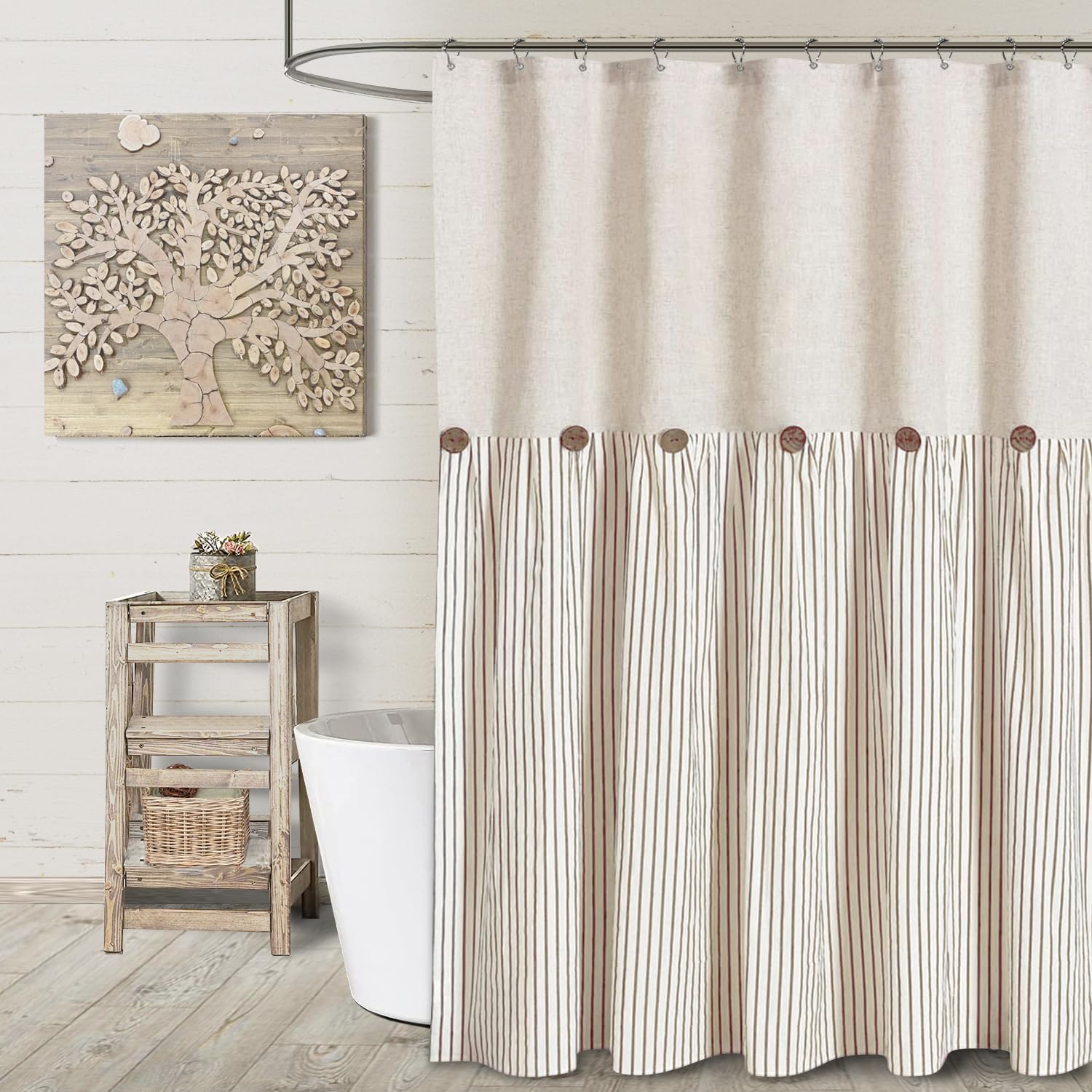 Awellife Farmhouse Shower Curtain For Bathroom, Linen And Cotton Woven Fabric, Country Rustic Style Shower Curtain Set Brown Str