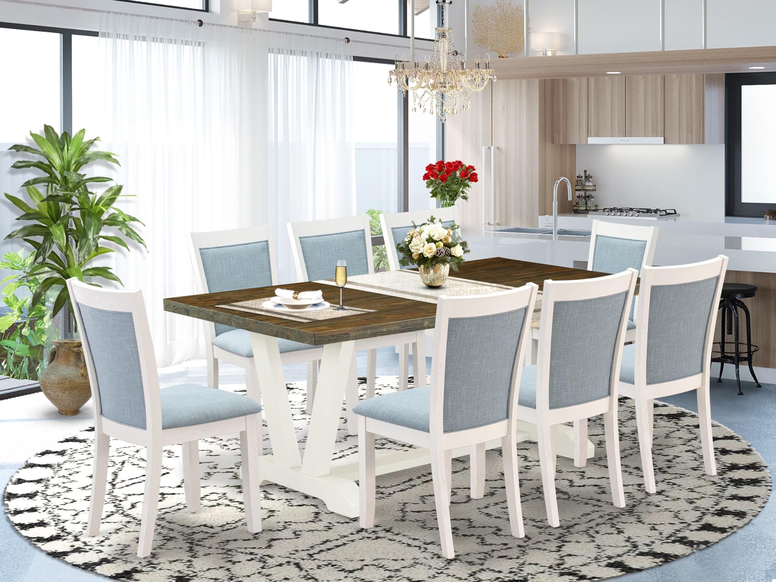 East West Furniture V077MZ015-9 9 Piece Kitchen Table & Chairs Set Includes a Rectangle Dining Room Table with V-Legs and 8 Baby Blue Linen Fabric Parsons Chairs, 40x72 Inch, Multi-Color