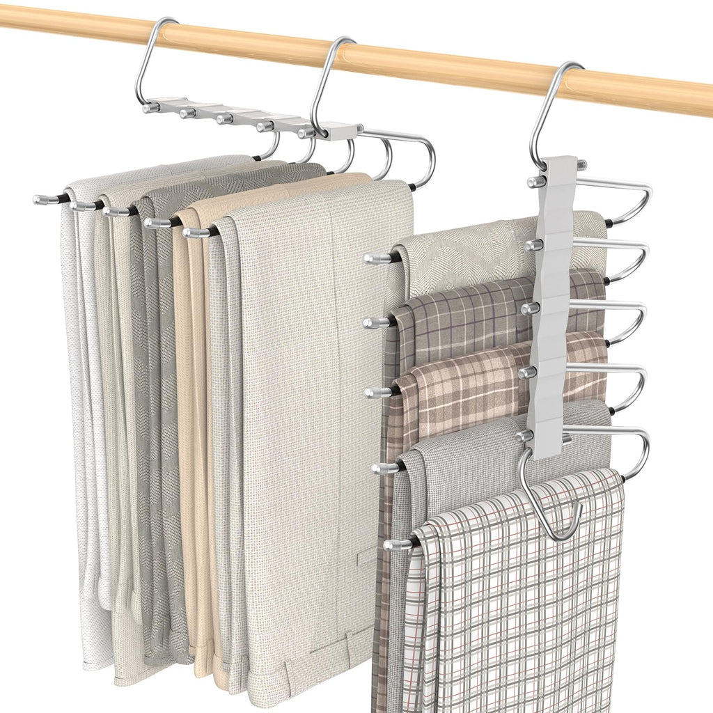 Loretoy 2 Pack Pants Hangers Space Saving, Anti-Slip Multi-Functional Pants Rack, Thickened Stainless Steel Tube, Two Hanging Mo