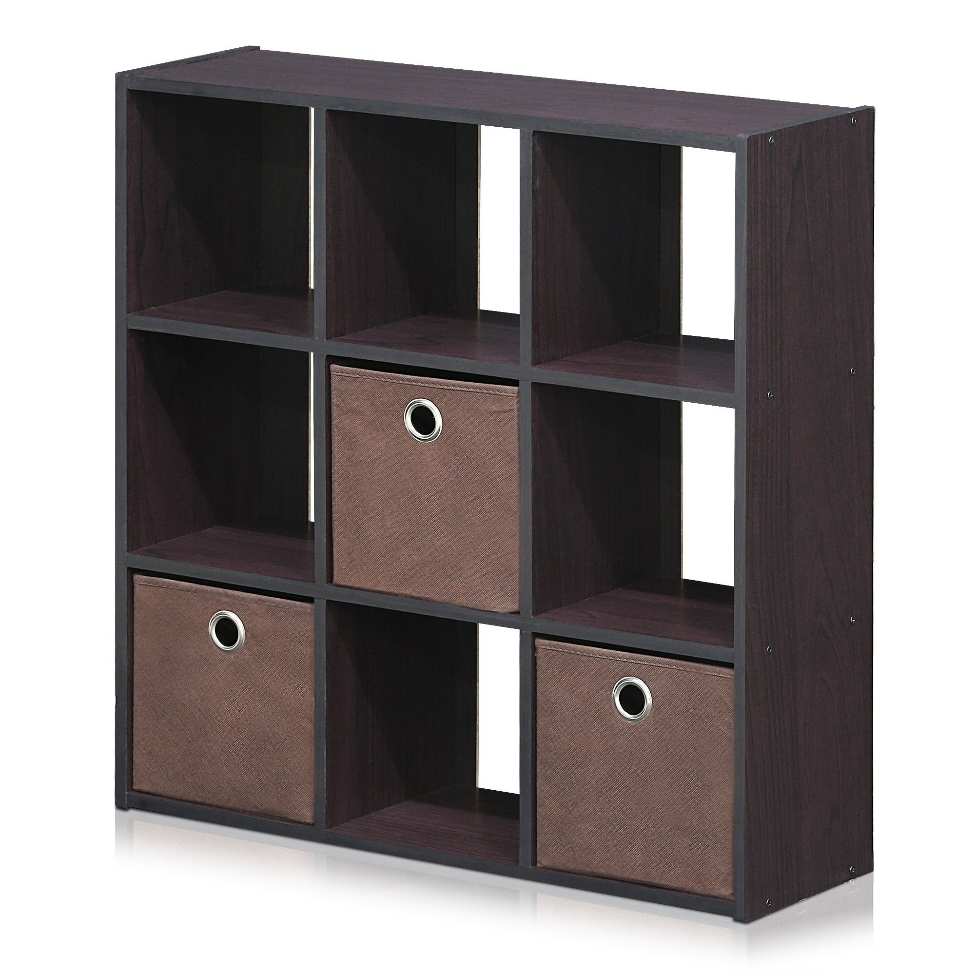 Furinno Simplistic 9-Cube Organizer with Bins, Small Size (Assembled Unit Dimensions : 7.9&quot;D x 26.5&quot;W x 26.7&quot;H Inches), Dark Walnut