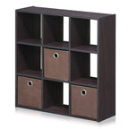 Furinno Simplistic 9-Cube Organizer with Bins, Small Size (Assembled Unit Dimensions : 7.9"D x 26.5"W x 26.7"H Inches), Dark Walnut