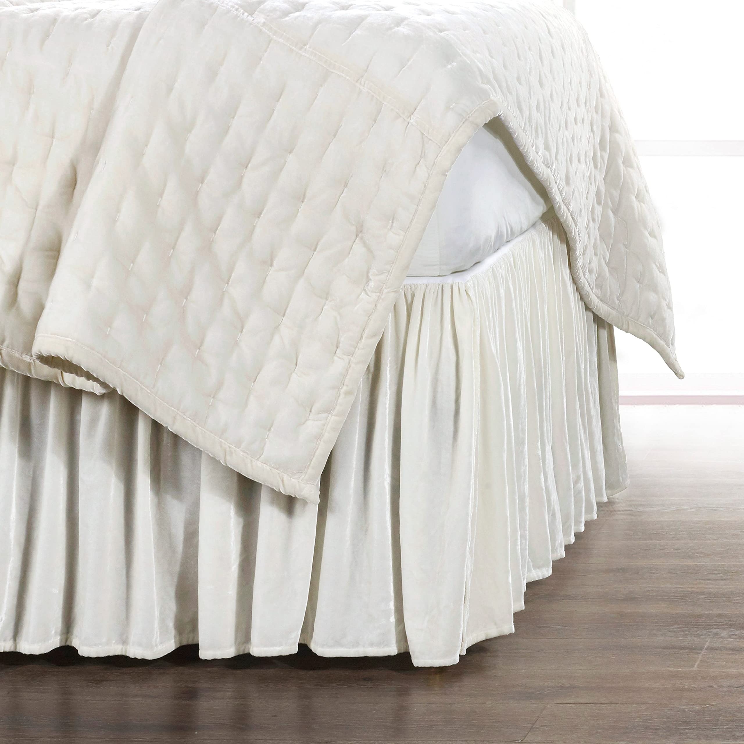 HiEnd Accents Stella Faux Silk Velvet Bed Skirt, Stone, Super Queen Size, Romantic Modern Western Traditional Style Bedding